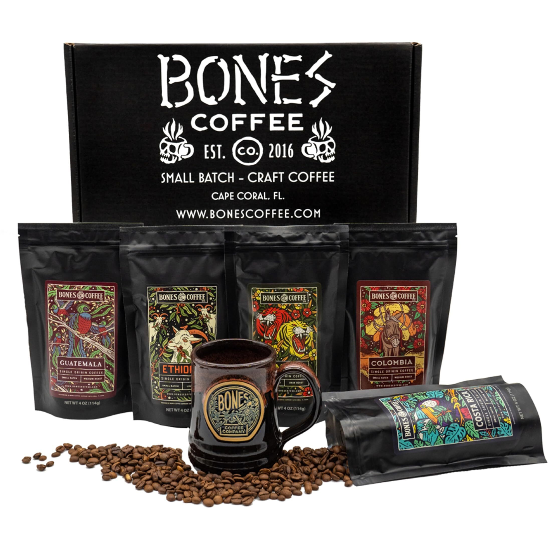 Bones Coffee Company New World Tour Bundle Ground Coffee Beans | Gift Box Set With Specialty Coffee Mug | 4 Oz Pack Of 5 Assorted Single-Origin Medium Roast Coffee Beverages (Ground)