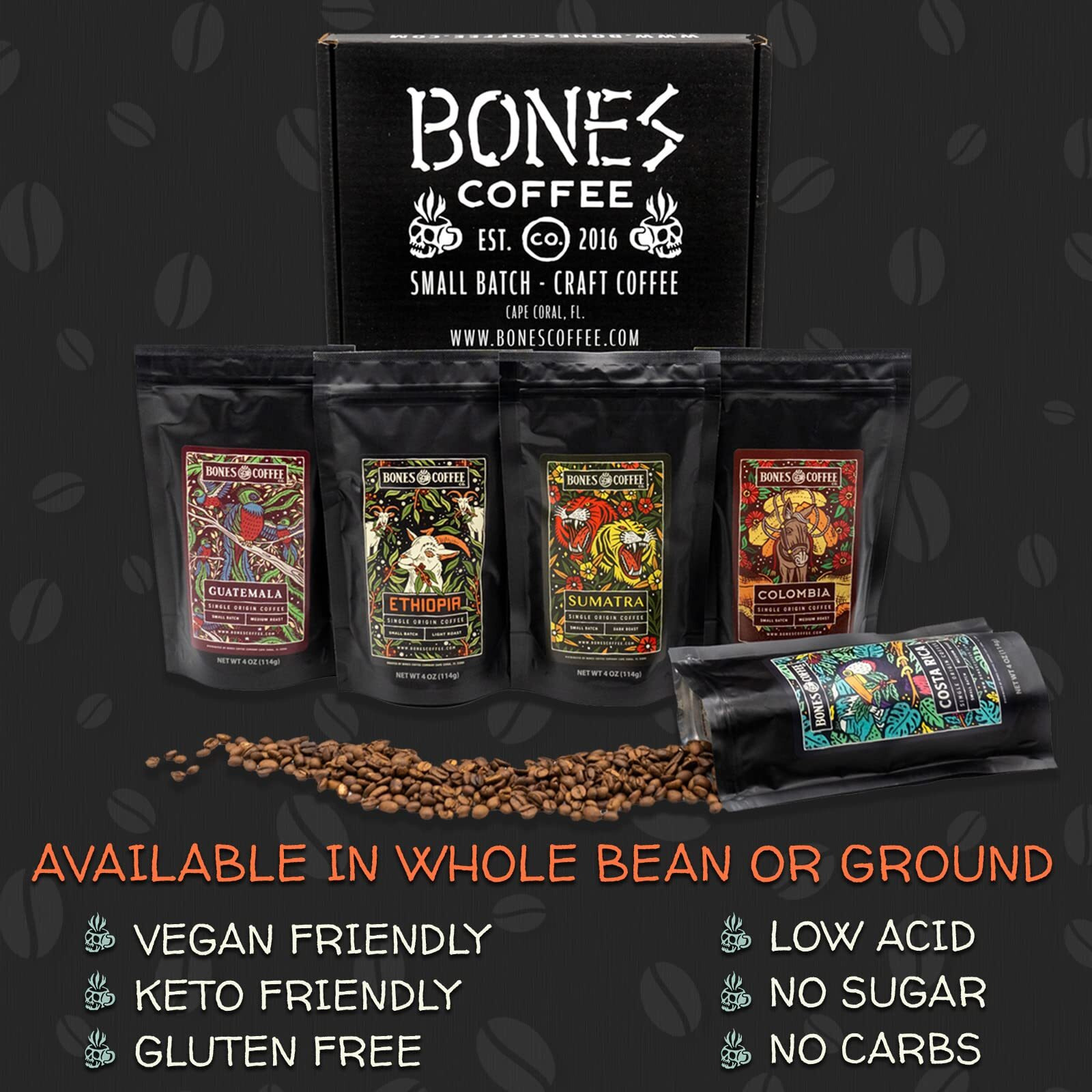 Bones Coffee Company New World Tour Bundle Ground Coffee Beans | Gift Box Set With Specialty Coffee Mug | 4 Oz Pack Of 5 Assorted Single-Origin Medium Roast Coffee Beverages (Ground)
