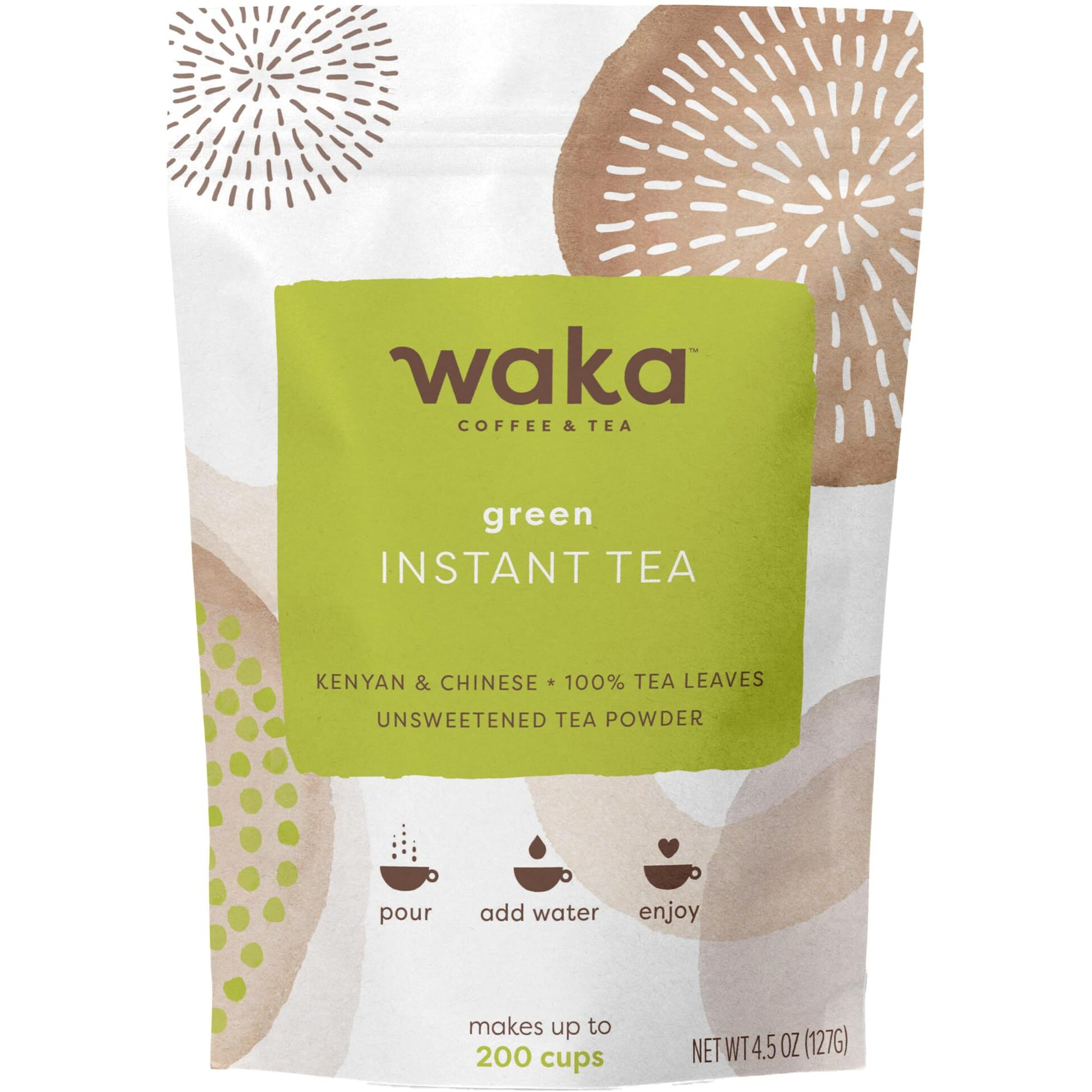 Waka Instant Green Tea Mix, Original - 100% Tea Leaves, No Additives, Unsweetened Tea Powder In Bulk Pouch - Easy Quick Hot And Iced Teas, Up To 200 Cups (4.5Oz)