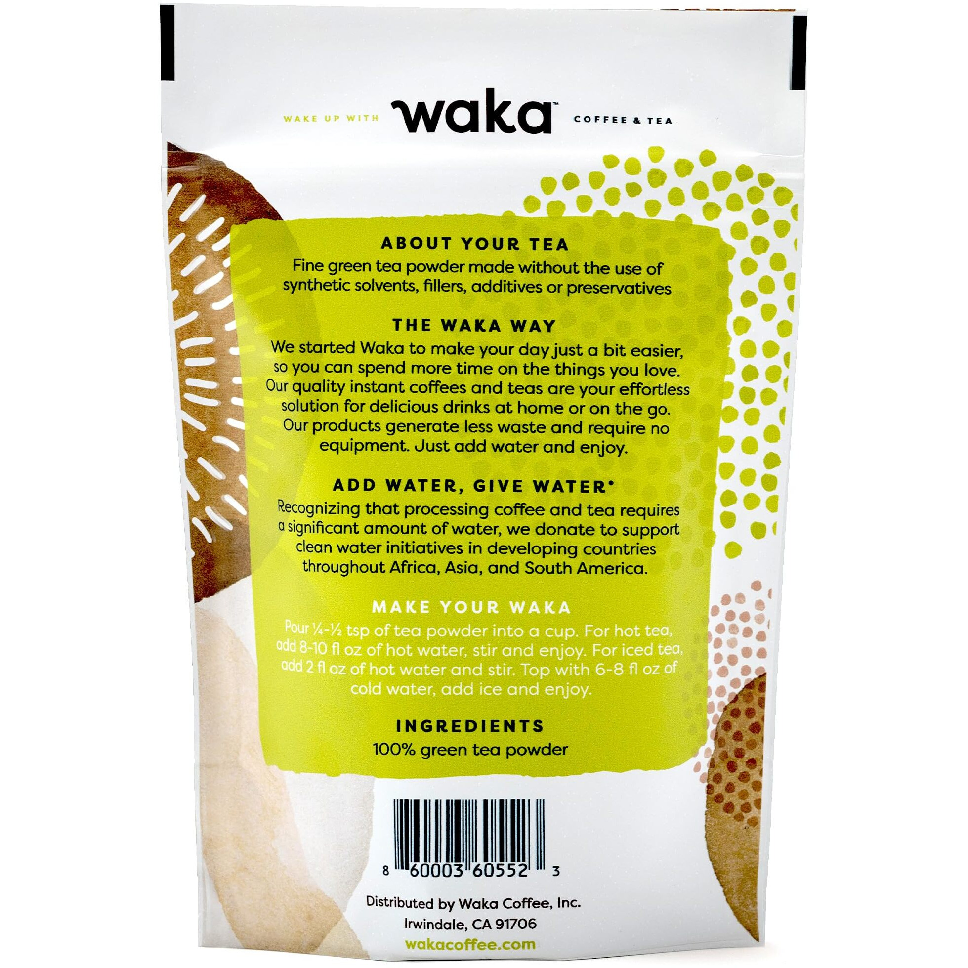 Waka Instant Green Tea Mix, Original - 100% Tea Leaves, No Additives, Unsweetened Tea Powder In Bulk Pouch - Easy Quick Hot And Iced Teas, Up To 200 Cups (4.5Oz)