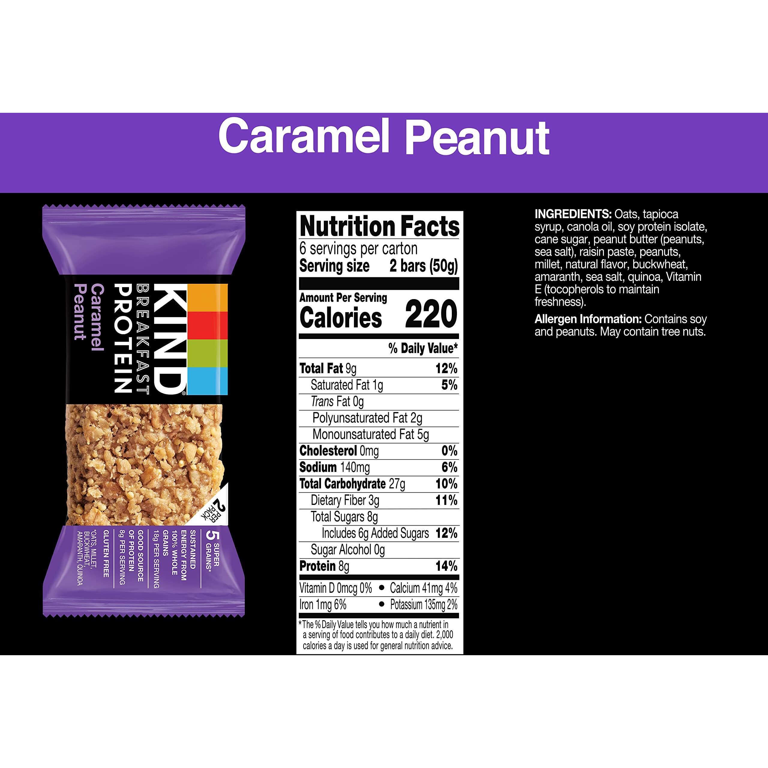 Kind Breakfast Protein Bars, Caramel Peanut, Healthy Snacks, Gluten Free, 30 Count