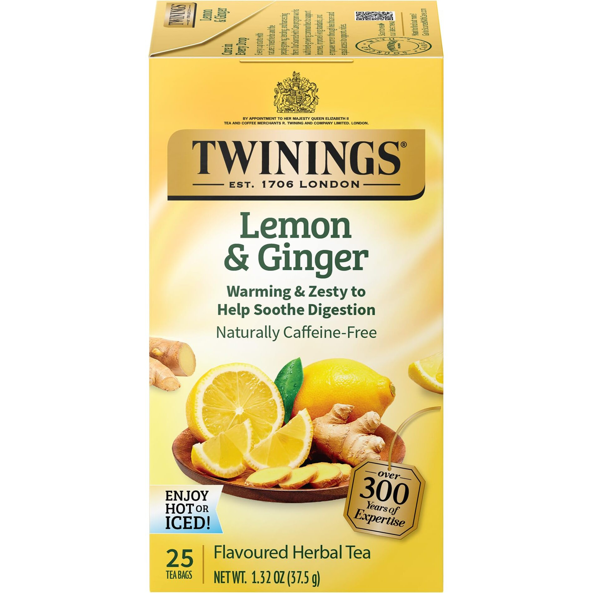Twinings Lemon & Ginger Individually Wrapped Herbal Tea Bags, 25 Count (Pack Of 6), Spicy Ginger, Lemon Peel And Lemongrass, Enjoy Hot Or Iced
