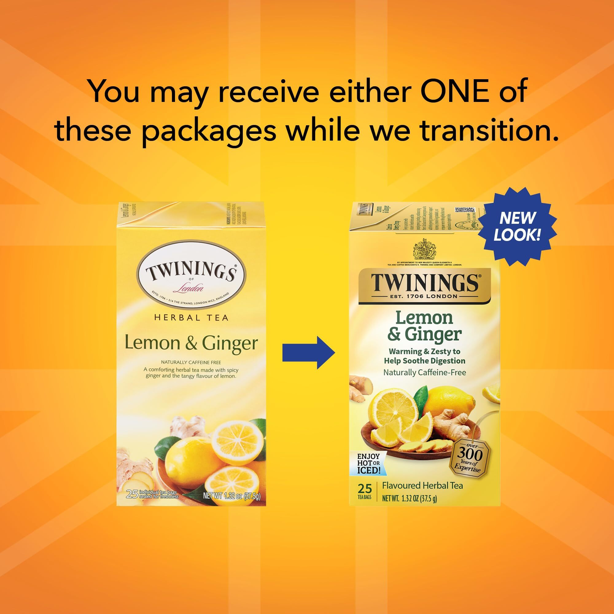 Twinings Lemon & Ginger Individually Wrapped Herbal Tea Bags, 25 Count (Pack Of 6), Spicy Ginger, Lemon Peel And Lemongrass, Enjoy Hot Or Iced