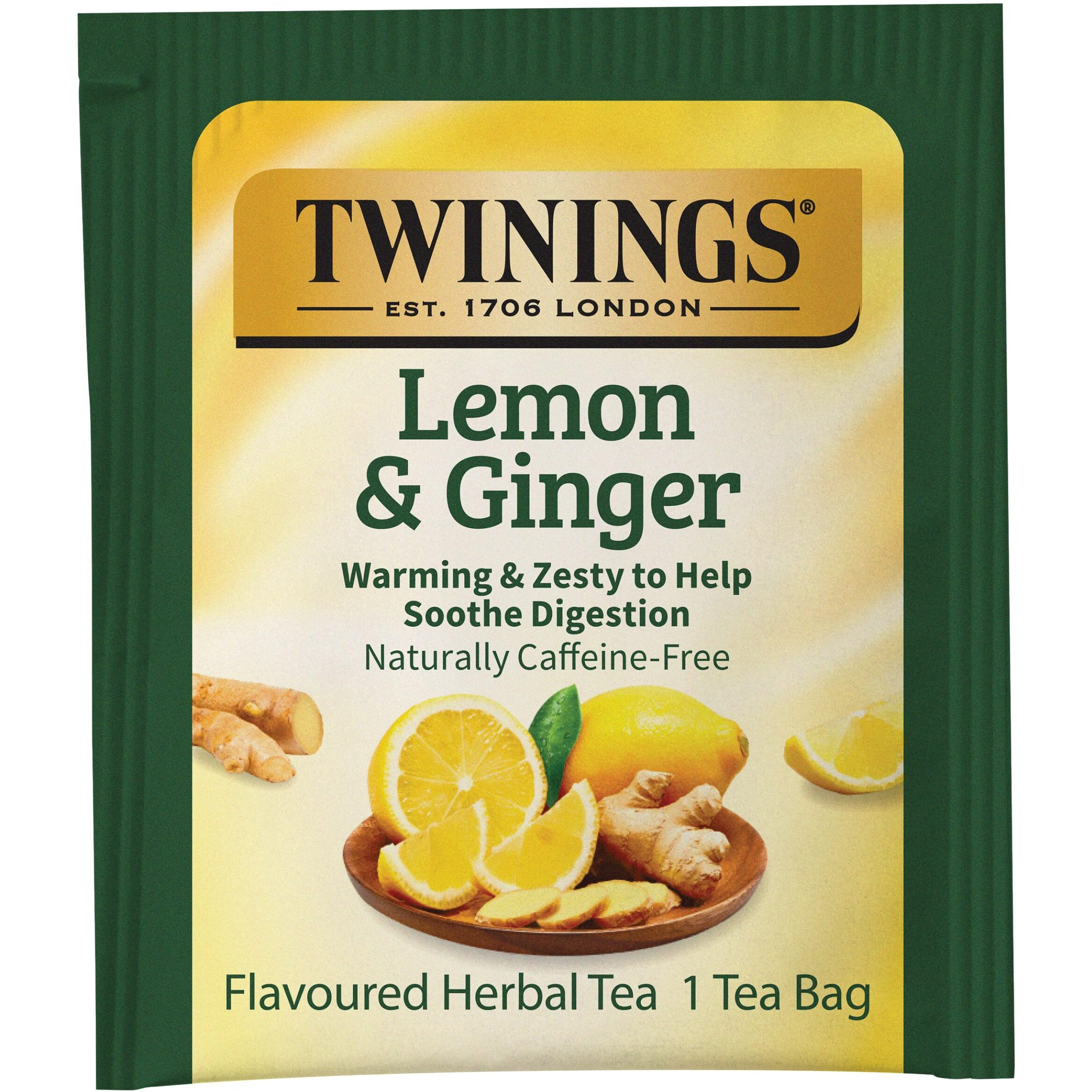 Twinings Lemon & Ginger Individually Wrapped Herbal Tea Bags, 25 Count (Pack Of 6), Spicy Ginger, Lemon Peel And Lemongrass, Enjoy Hot Or Iced