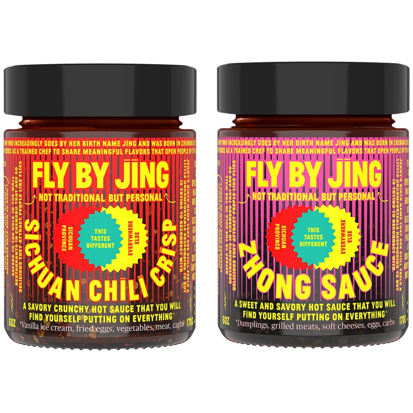 Flybyjing Essential Sauce Bundle Sichuan Chili Crisp & Zhong Sauce - Ultimate Duo Of Spicy Crunchy Chili Oil & Spicy Sweet Chili Sauce - All Natural Vegan Sauces - Good On Everything, 6Oz (Pack Of 2)