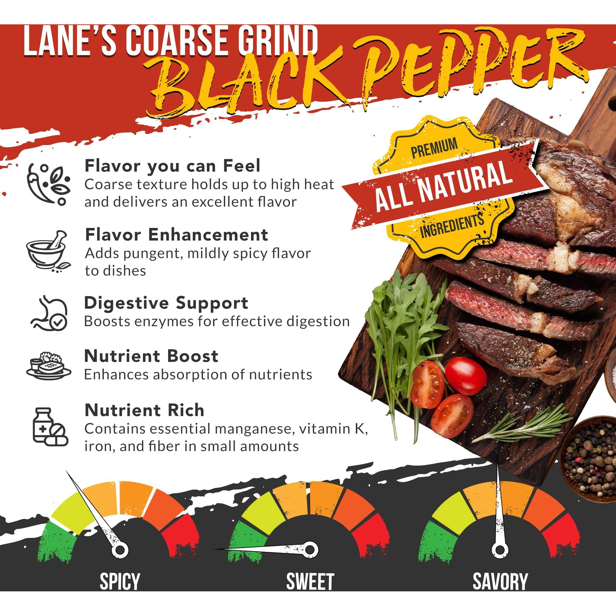 Lane's 16 Mesh Ground Pepper Seasoning, All-Natural Coarse Black Pepper Ground Spice, No Preservatives Coarse Ground Black Pepper, Made In Usa, 8 Oz