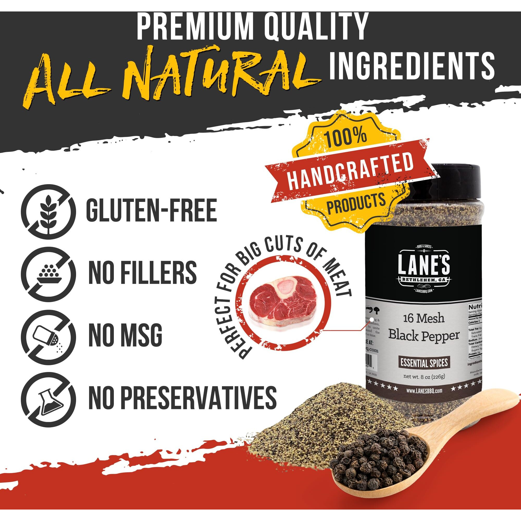 Lane's 16 Mesh Ground Pepper Seasoning, All-Natural Coarse Black Pepper Ground Spice, No Preservatives Coarse Ground Black Pepper, Made In Usa, 8 Oz