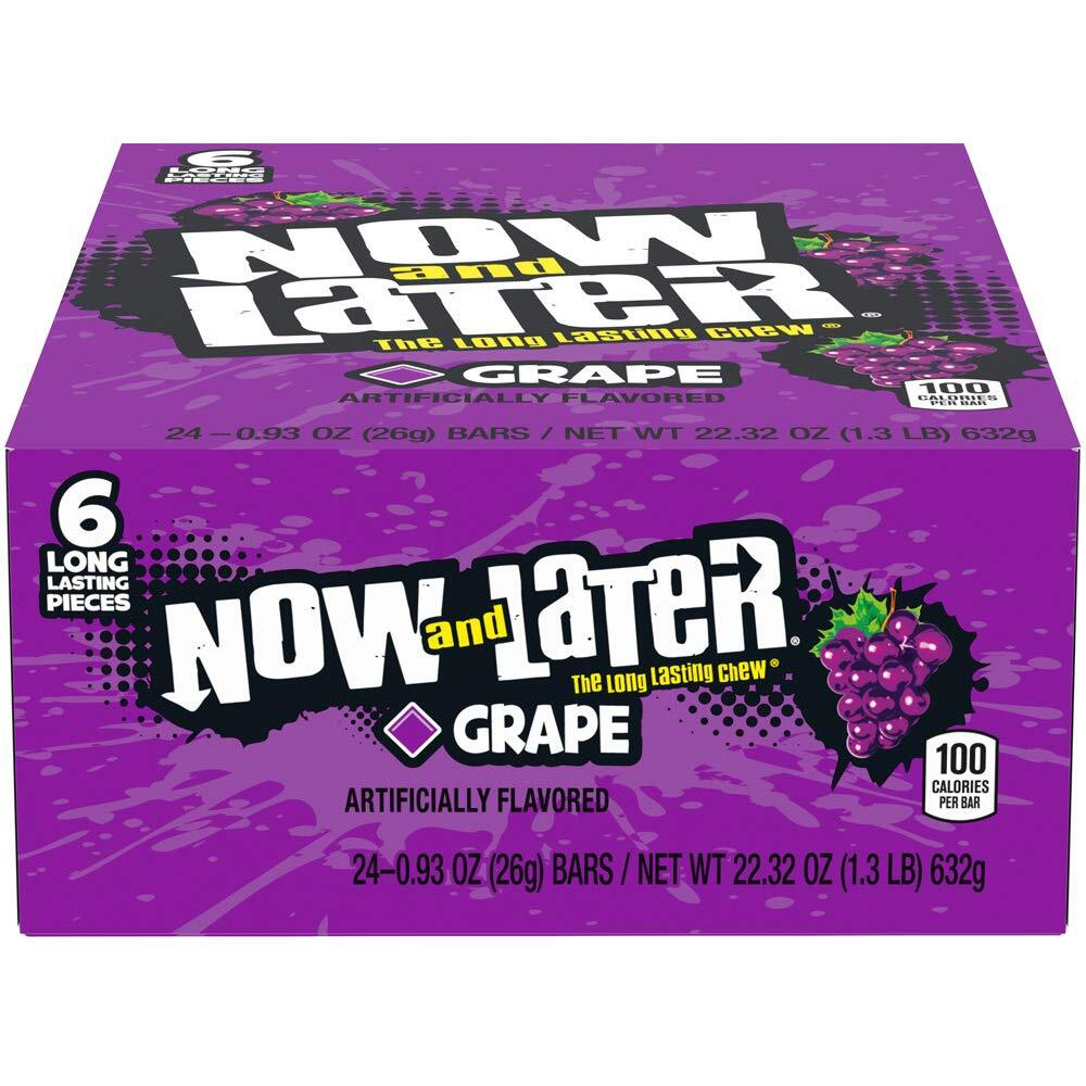 Now & Later Original Taffy Chews Candy, Grape, 6 Count, 0.93 Ounce Bar, Pack Of 24