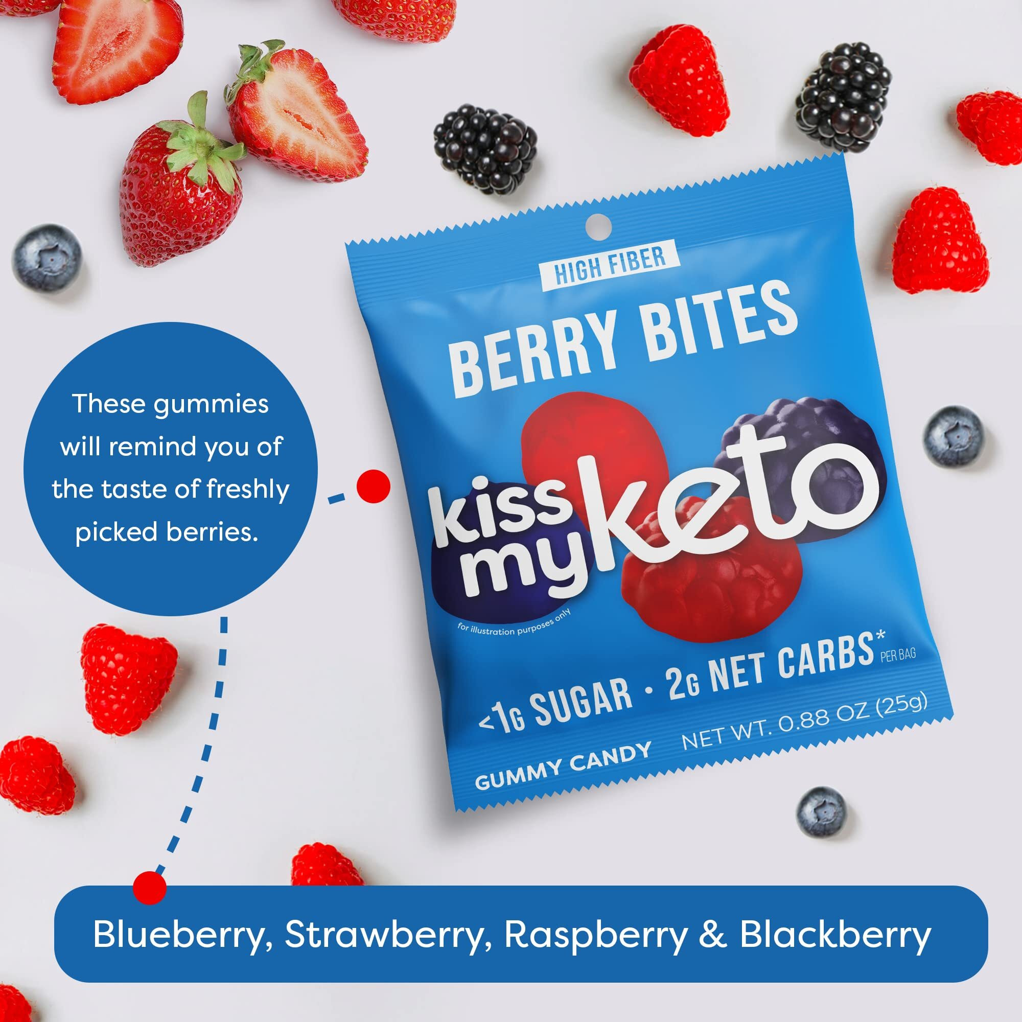 Kiss My Keto Gummies Candy - Low Carb Candy Berry Bites, Keto Snack Pack - Healthy Candy Gummys - Vegan Candy, Keto Gummy Candy - Keto Candy Gummies (8-Pack)