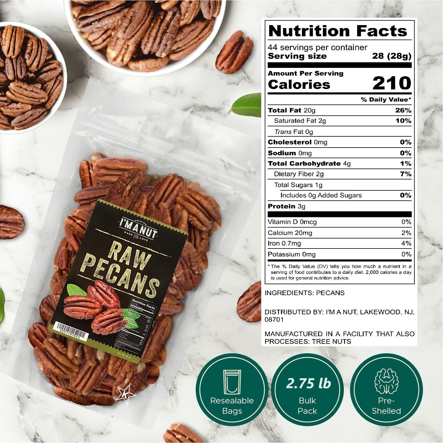 Raw Pecan Halves 44 Oz (2.75 Lb) Natural American Pecans | No Ppo | Batch Tested Gluten & Peanut Free | Non-Gmo | Shelled | Extra Fancy|No Preservatives | Vegan | Keto & Paleo Friendly