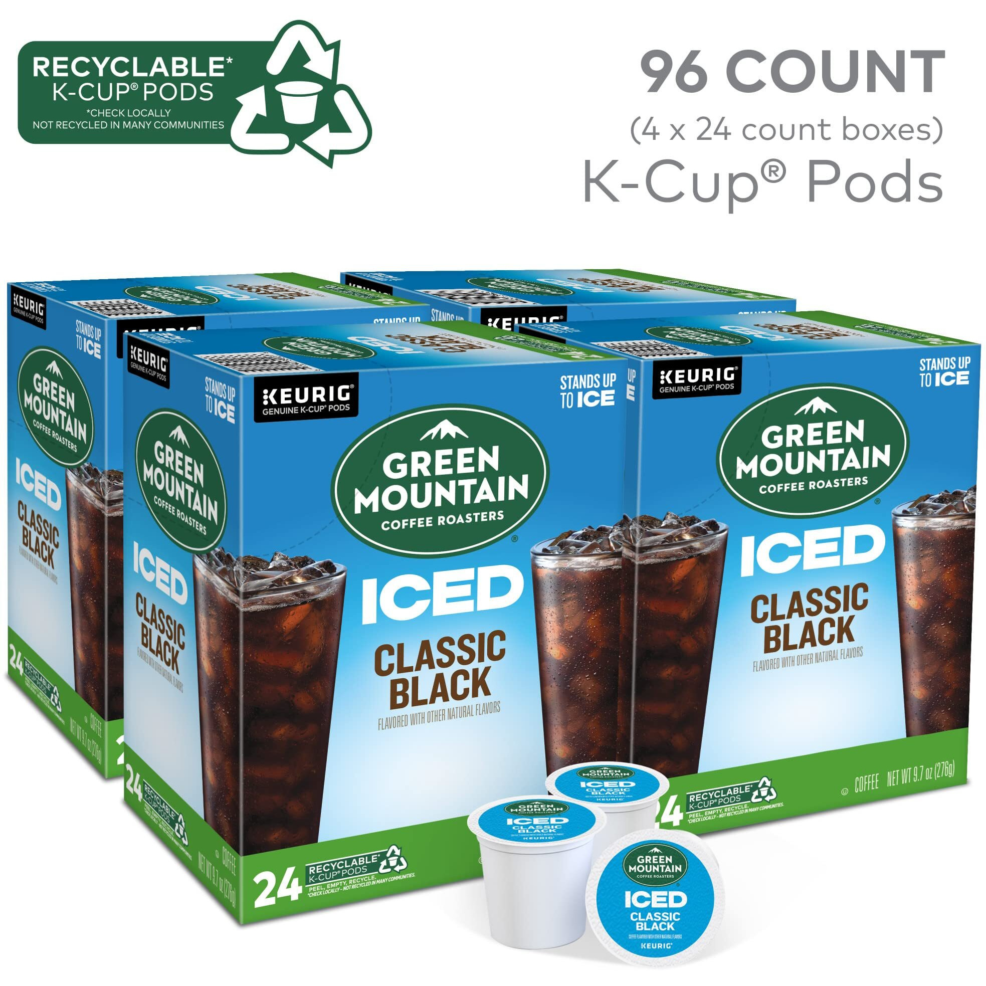 Green Mountain Coffee Roasters Iced Classic Black, Single Serve Keurig K-Cup Pods, Medium Roast Iced Coffee, 96 Count (4 Packs Of 24)