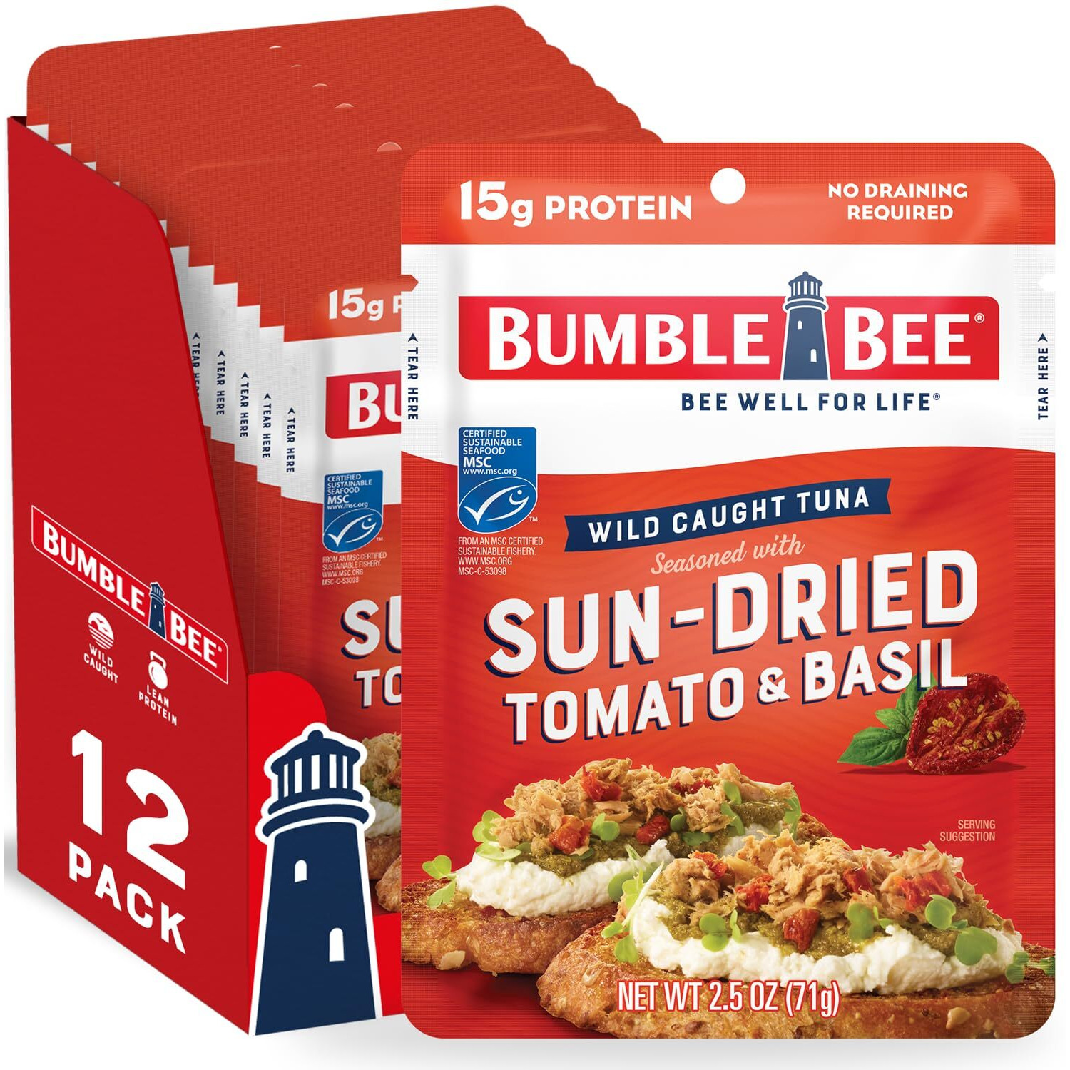 Bumble Bee Sun-Dried Tomato & Basil Seasoned Tuna, 2.5 Oz Pouches (Pack Of 12) - Ready To Eat - Wild Caught Tuna Packet - 15G Protein Per Serving - Gluten Free