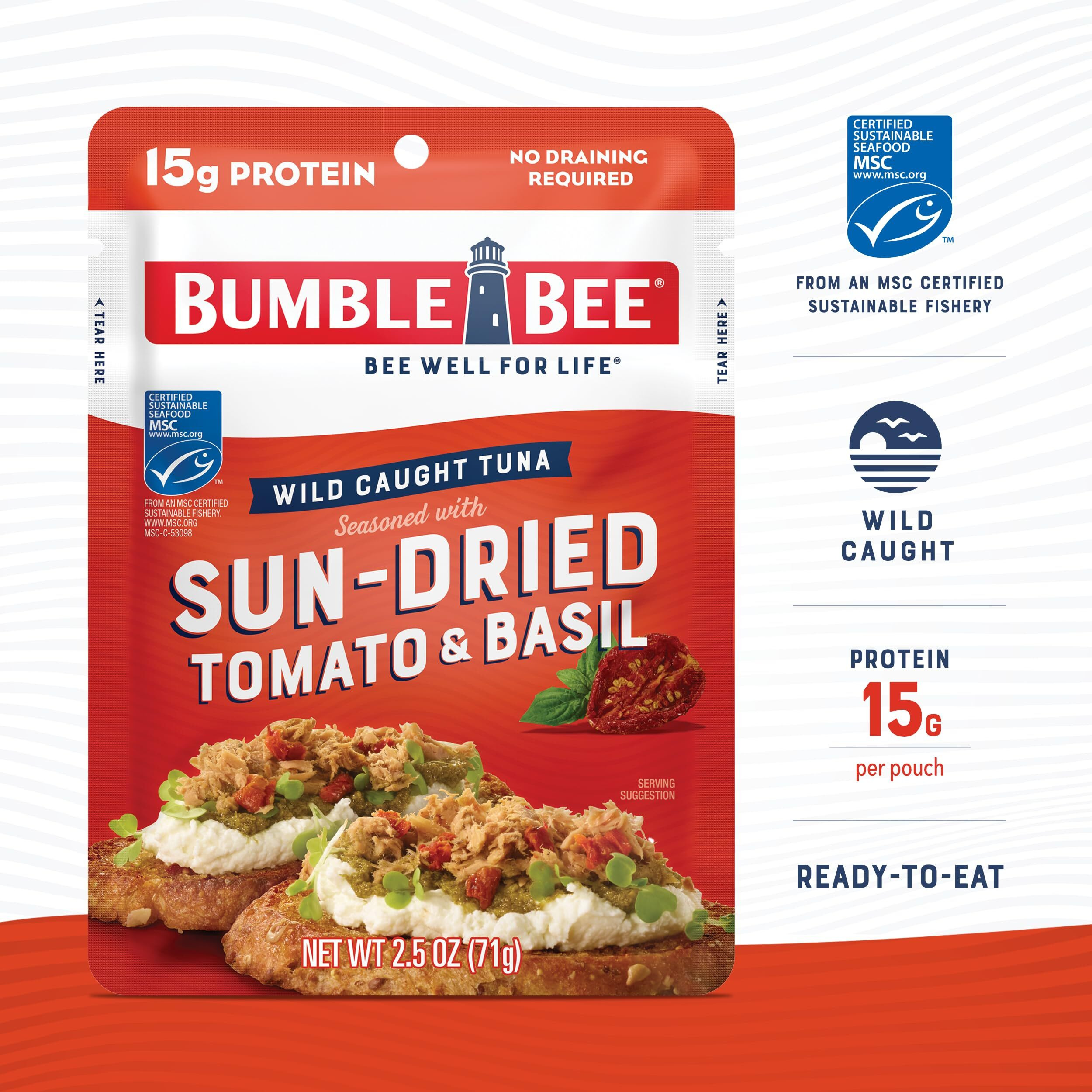 Bumble Bee Sun-Dried Tomato & Basil Seasoned Tuna, 2.5 Oz Pouches (Pack Of 12) - Ready To Eat - Wild Caught Tuna Packet - 15G Protein Per Serving - Gluten Free