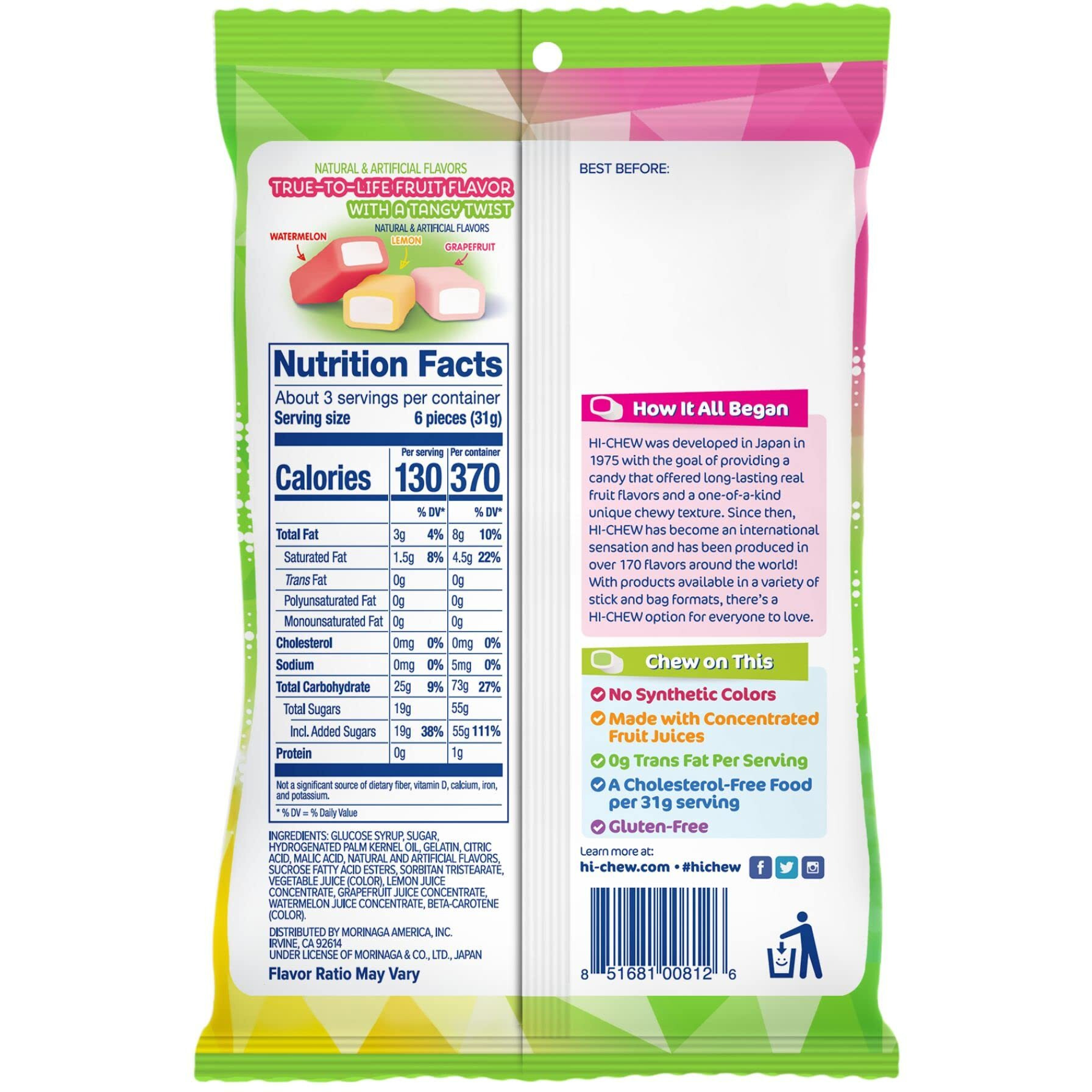 Hi-Chew Sweet & Sour Mix, Pack Of 6 Bags, 3.17Oz Each | Watermelon Lemon Grapefruit | Unique Fun Soft & Chewy Taffy Candy | Immensely Juicy Fruit Flavors | Individually Wrapped For Sharing