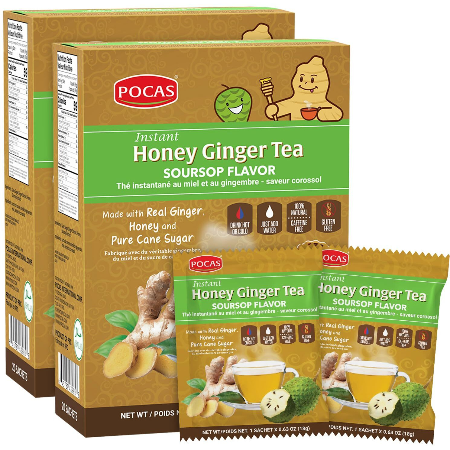 Pocas Honey Ginger Tea - Instant Tea Powder Packets With Soursop & Ginger Honey Crystals Tea, Non-Gmo/Gluten Free/Caffeine Free Tea, 20 Count (Pack Of 2)
