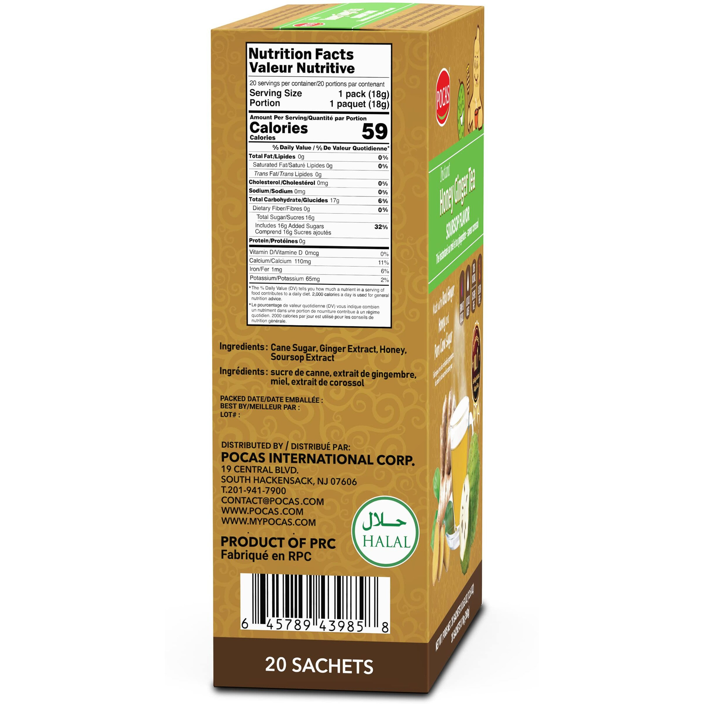 Pocas Honey Ginger Tea - Instant Tea Powder Packets With Soursop & Ginger Honey Crystals Tea, Non-Gmo/Gluten Free/Caffeine Free Tea, 20 Count (Pack Of 2)