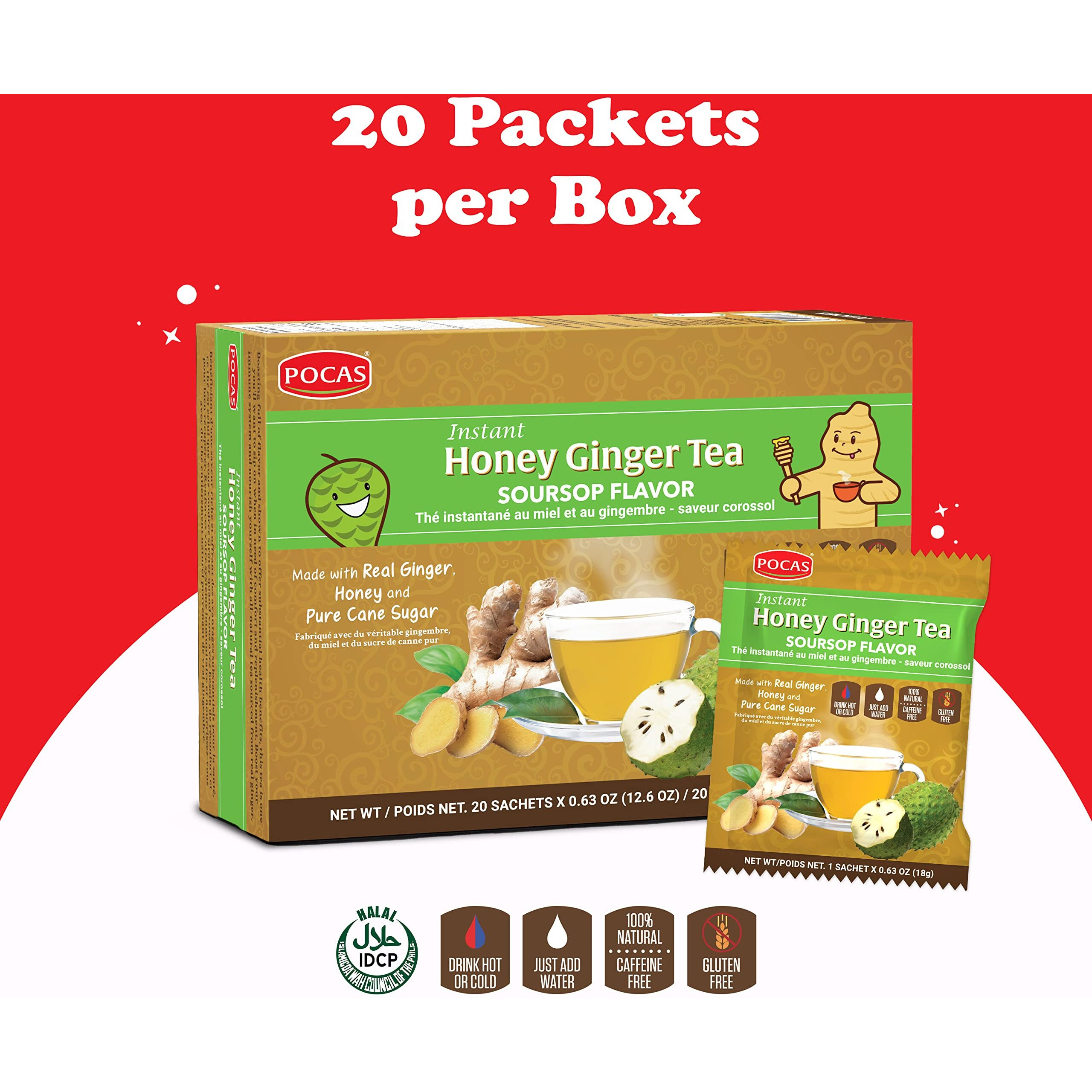 Pocas Honey Ginger Tea - Instant Tea Powder Packets With Soursop & Ginger Honey Crystals Tea, Non-Gmo/Gluten Free/Caffeine Free Tea, 20 Count (Pack Of 2)