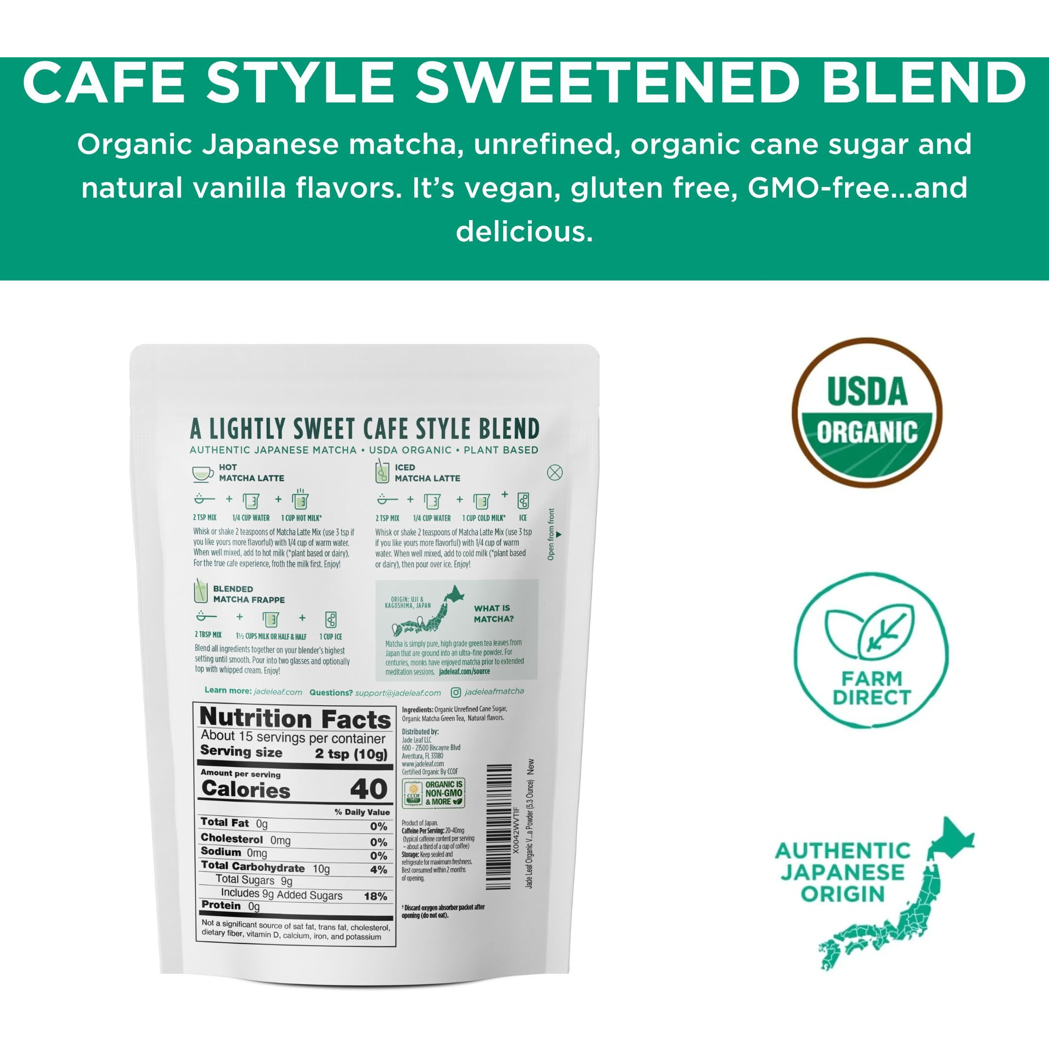 Jade Leaf Matcha Organic Cafe Style Vanilla Matcha Latte Green Tea Powder, Premium Barista Crafted Mix, Authentically Japanese, 15 Servings (5.3 Ounces)