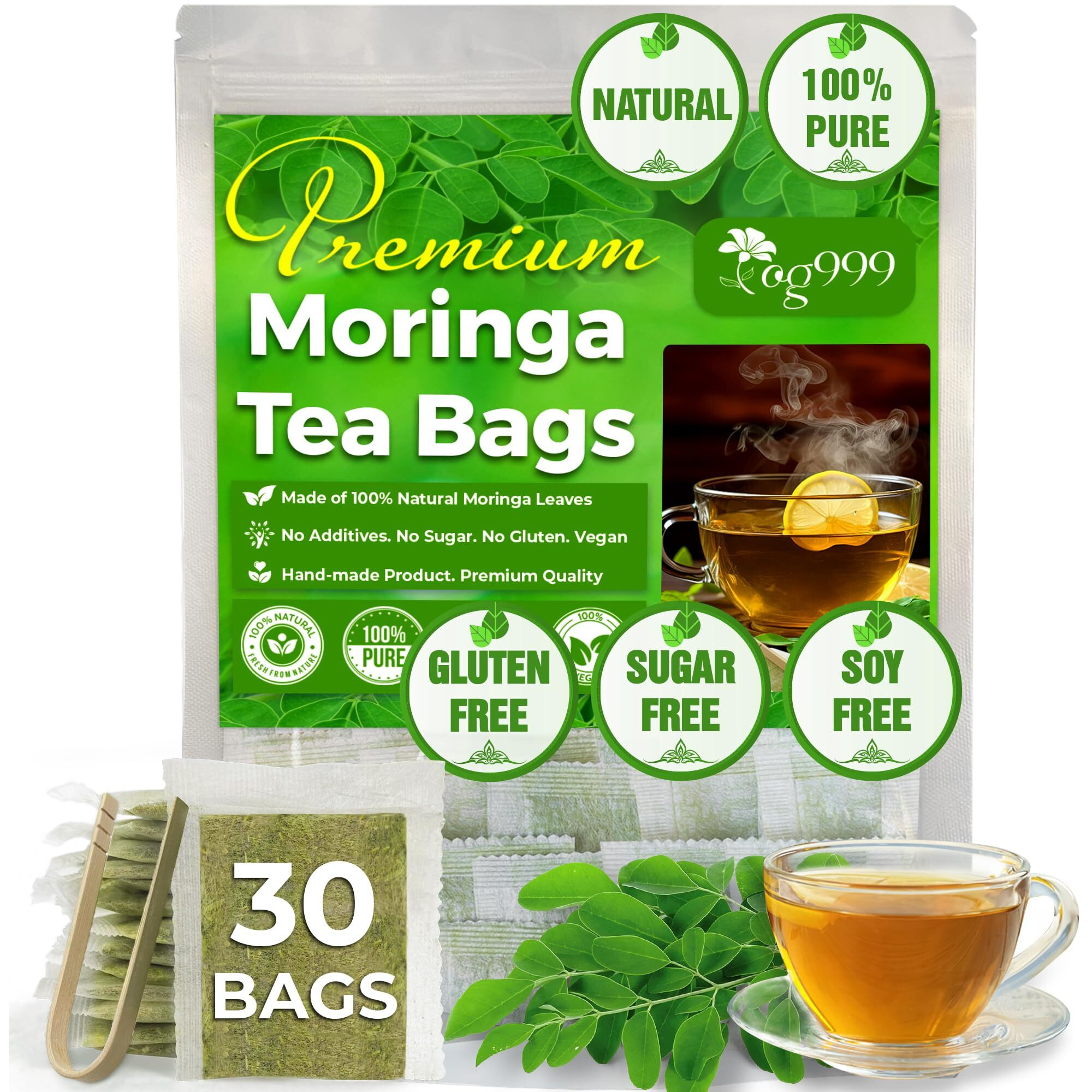 Tog999, Premium 30 Moringa Leaf Tea Bags, 100% Natural & Pure From Moringa Leaves. Loose Leaf Moringa Herbal Tea. Moringa Leaf Tea. No Sugar, No Caffeine, No Gluten, Vegan.