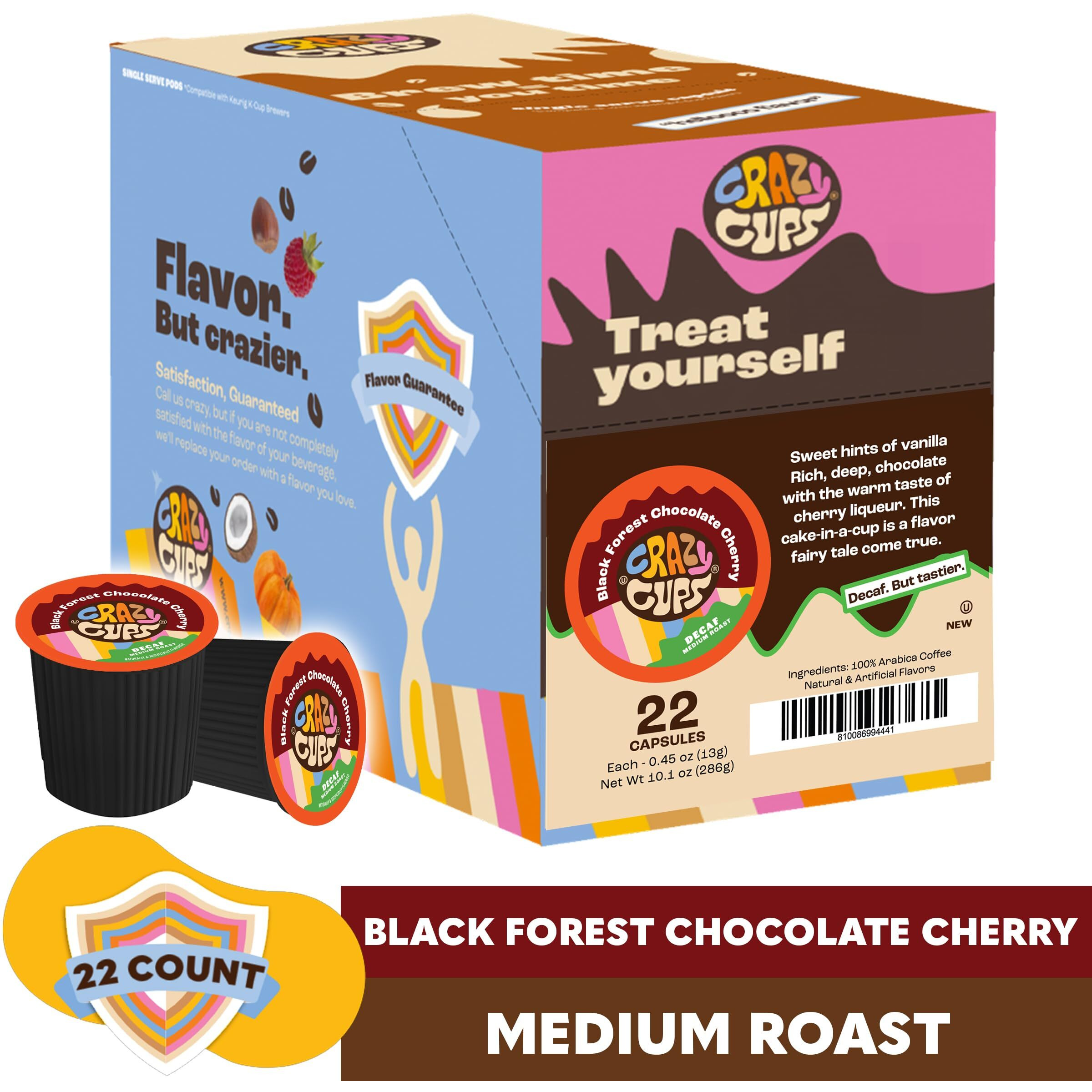 Crazy Cups Decaf Black Forest Chocolate Cherry Coffee Pods, Decaf Flavored Coffee Pods In Single Serve Cups Compatible With Keurig K Cups Machine, 22 Count