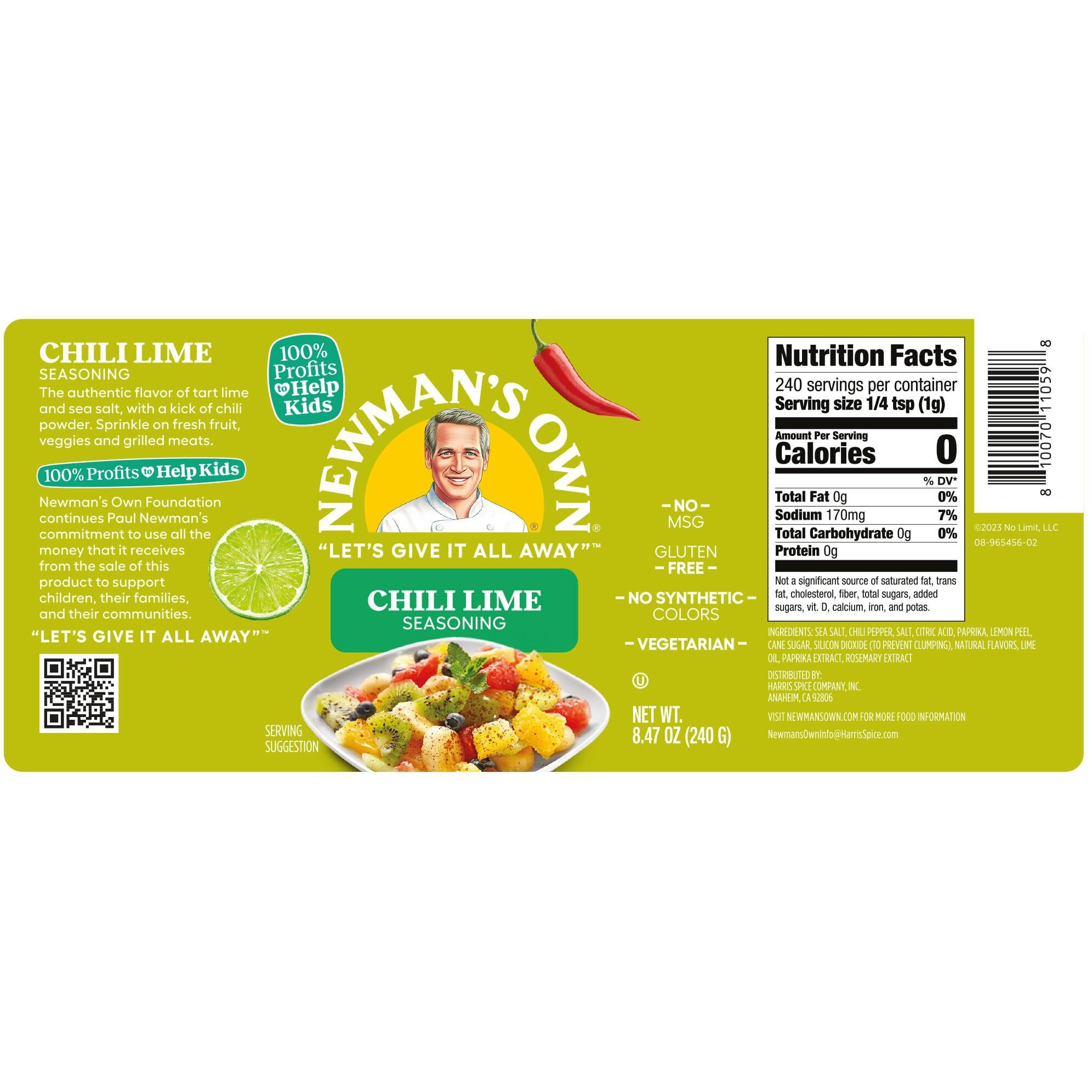Newman's Own Chili Lime Seasoning Perfect Spices For Topping Fruit And Rimmer, No Msg, Gluten Free Kosher 8.47 Oz. Bottle