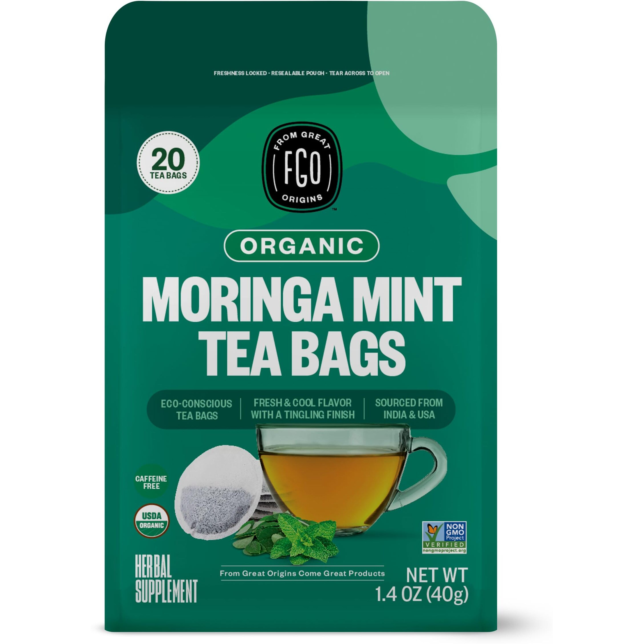 Fgo Organic Moringa Mint Tea, Eco-Conscious Tea Bags, 20 Count, Packaging May Vary (Pack Of 1)
