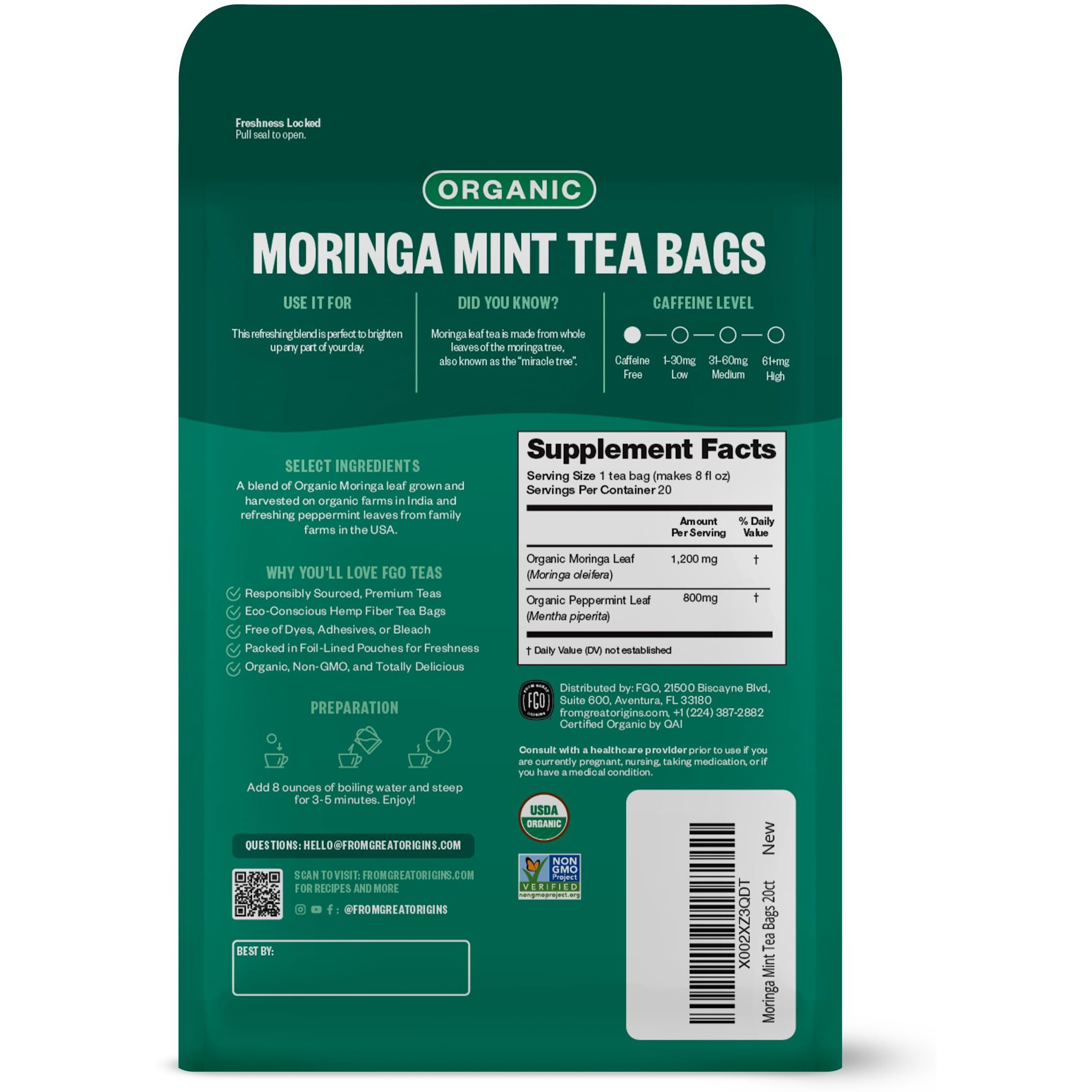 Fgo Organic Moringa Mint Tea, Eco-Conscious Tea Bags, 20 Count, Packaging May Vary (Pack Of 1)