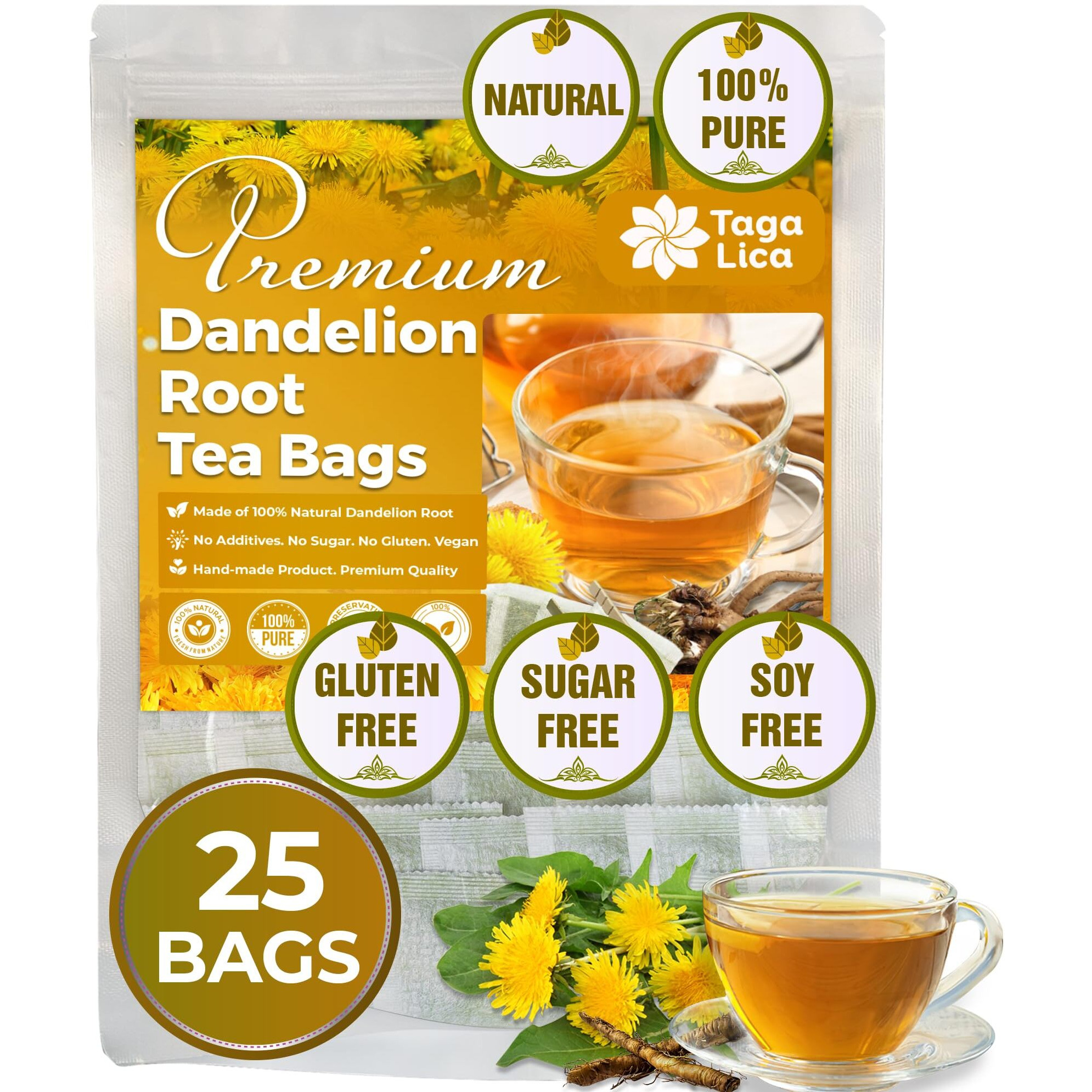 Tagalica, Premium 25 Dandelion Root Tea Bags, 100% Natural & Pure From Dandelion Root, Eco-Conscious Tea Bags, Dandelion Root Herbal Tea. No Sugar, No Caffeine, No Gluten, Vegan.