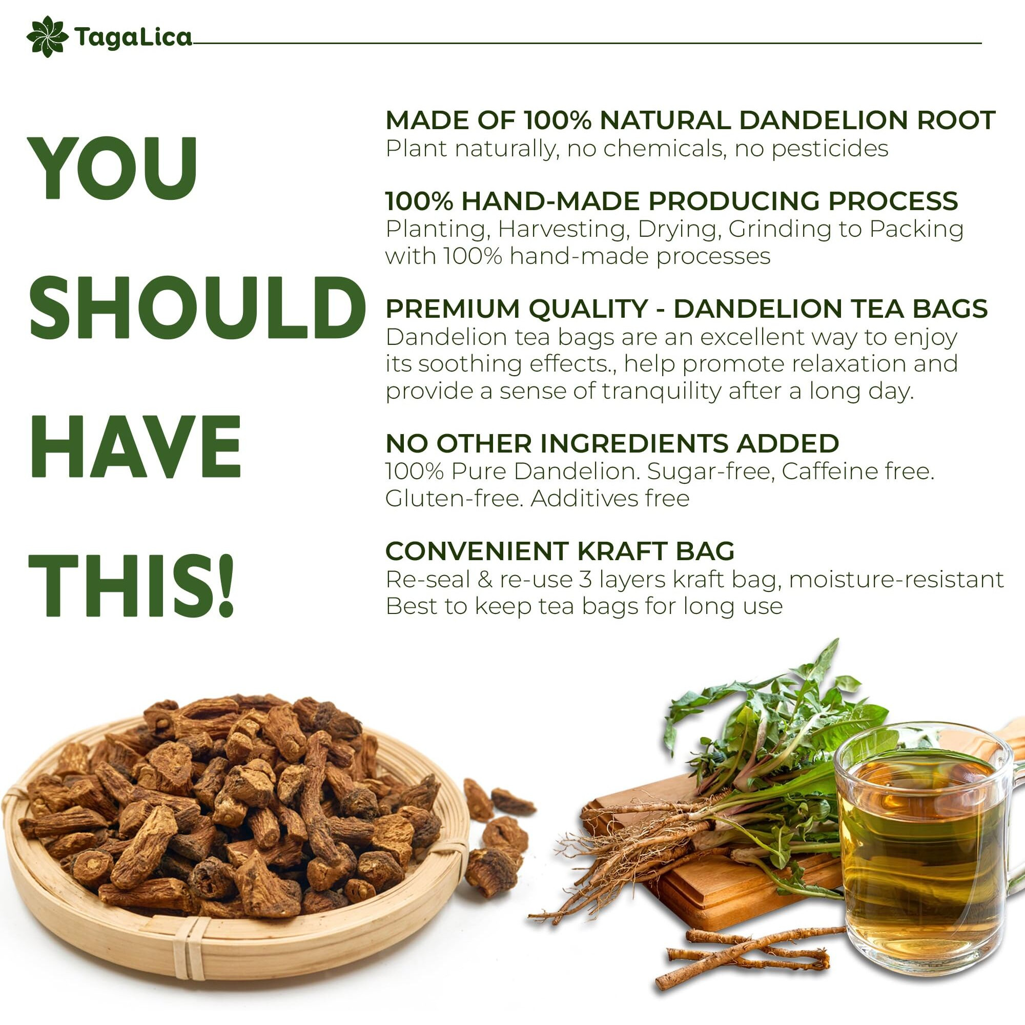 Tagalica, Premium 25 Dandelion Root Tea Bags, 100% Natural & Pure From Dandelion Root, Eco-Conscious Tea Bags, Dandelion Root Herbal Tea. No Sugar, No Caffeine, No Gluten, Vegan.