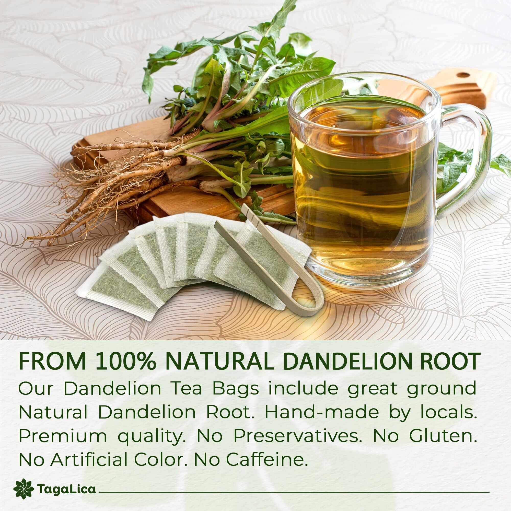 Tagalica, Premium 25 Dandelion Root Tea Bags, 100% Natural & Pure From Dandelion Root, Eco-Conscious Tea Bags, Dandelion Root Herbal Tea. No Sugar, No Caffeine, No Gluten, Vegan.