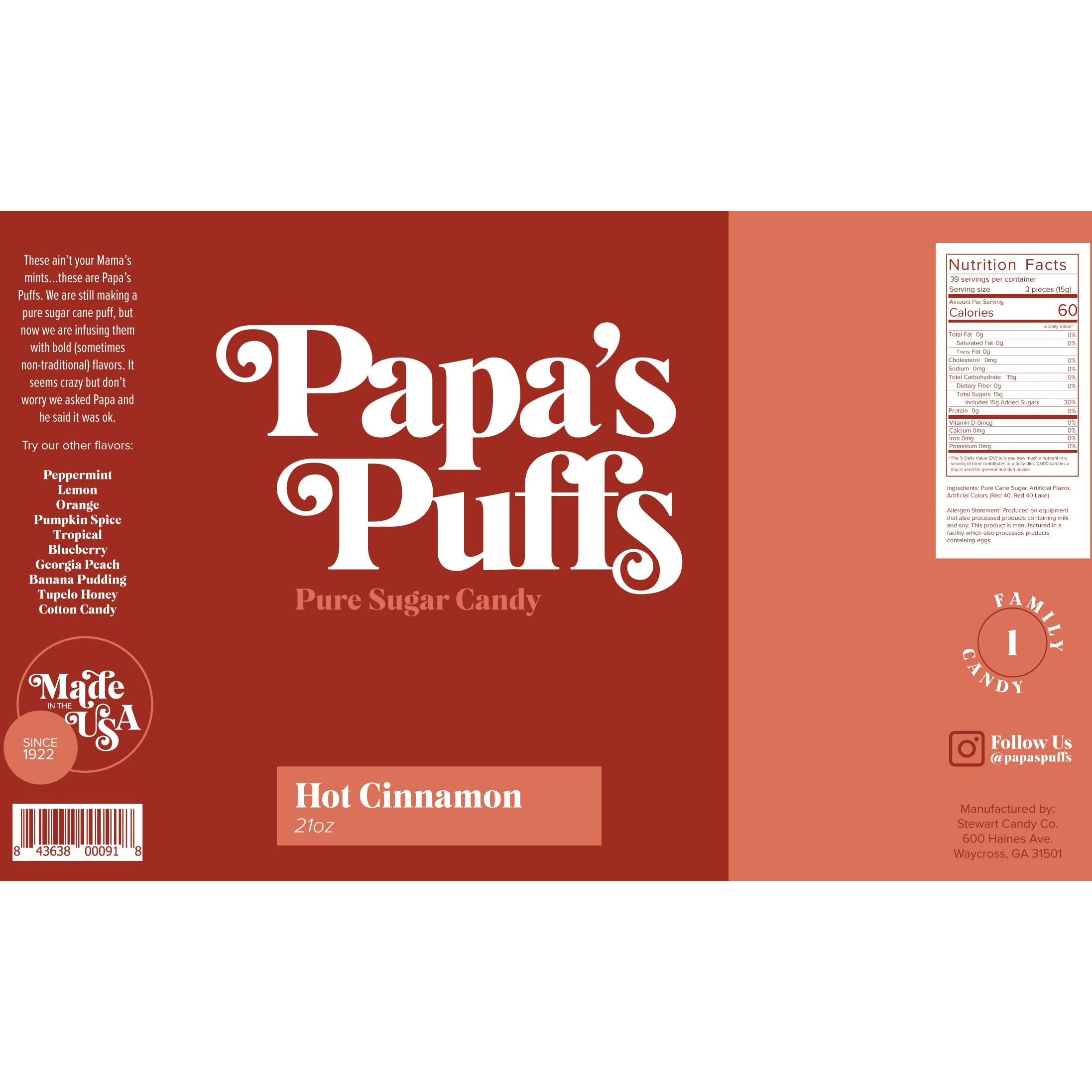 Papa's Puffs Cinnamon Flavored Pure Sugar Candy - Individually Wrapped In Resealable Tub - Fat-Free, Gluten-Free, Cholesterol-Free - Manufactured In The Usa