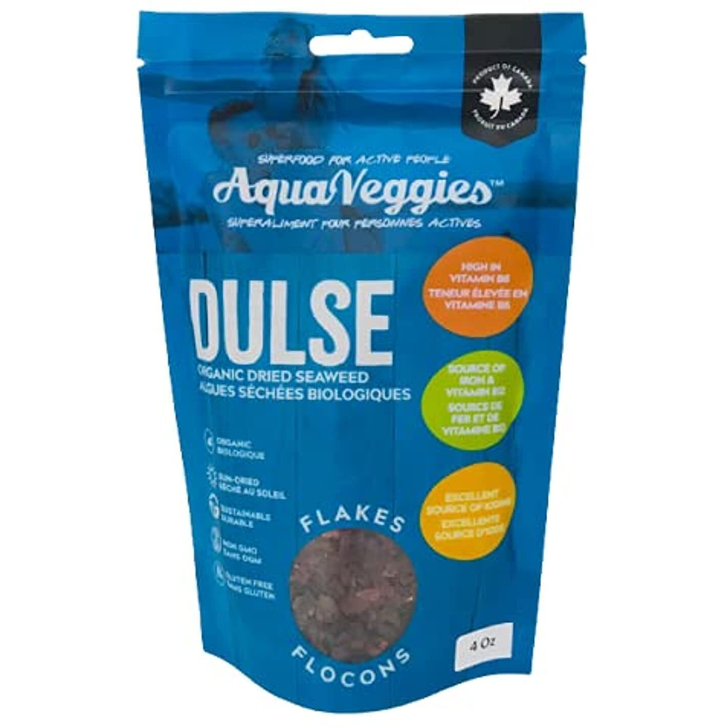 Aqua Veggies Organic Atlantic Dulse Flakes 4 Oz , Hand-Harvested, Sun-Dried Bay Of Fundy, Excellent Source Of Vitamins B6, B12, Iron, Iodine, Protein, Calcium And Fibre 4 Ounce