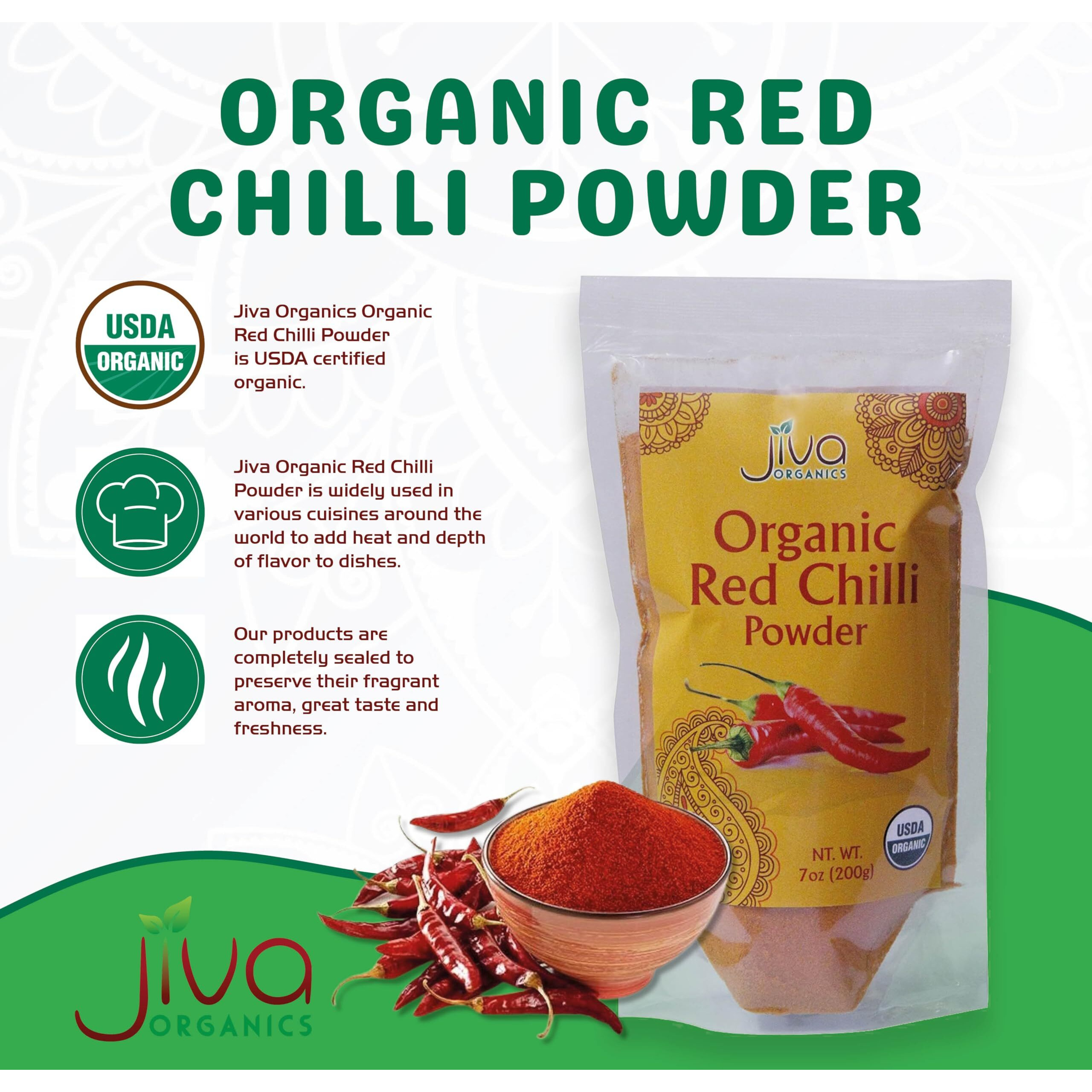 Jiva Organics Organic Red Chili Powder 7 Ounce Bag - Extra Hot, Ground Indian Chillies, 100% Natural & Non-Gmo