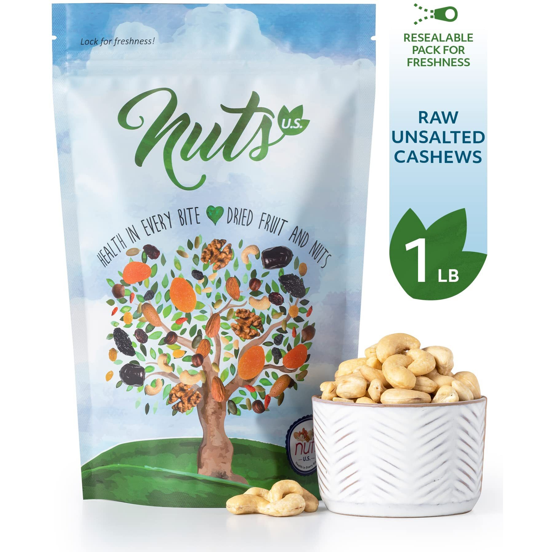 Nuts U.S. - Cashews | Raw And Unsalted | Whole Kernels And No Shell | Fresh & Unroasted | Natural Bulk Cashews  (1 Lb)