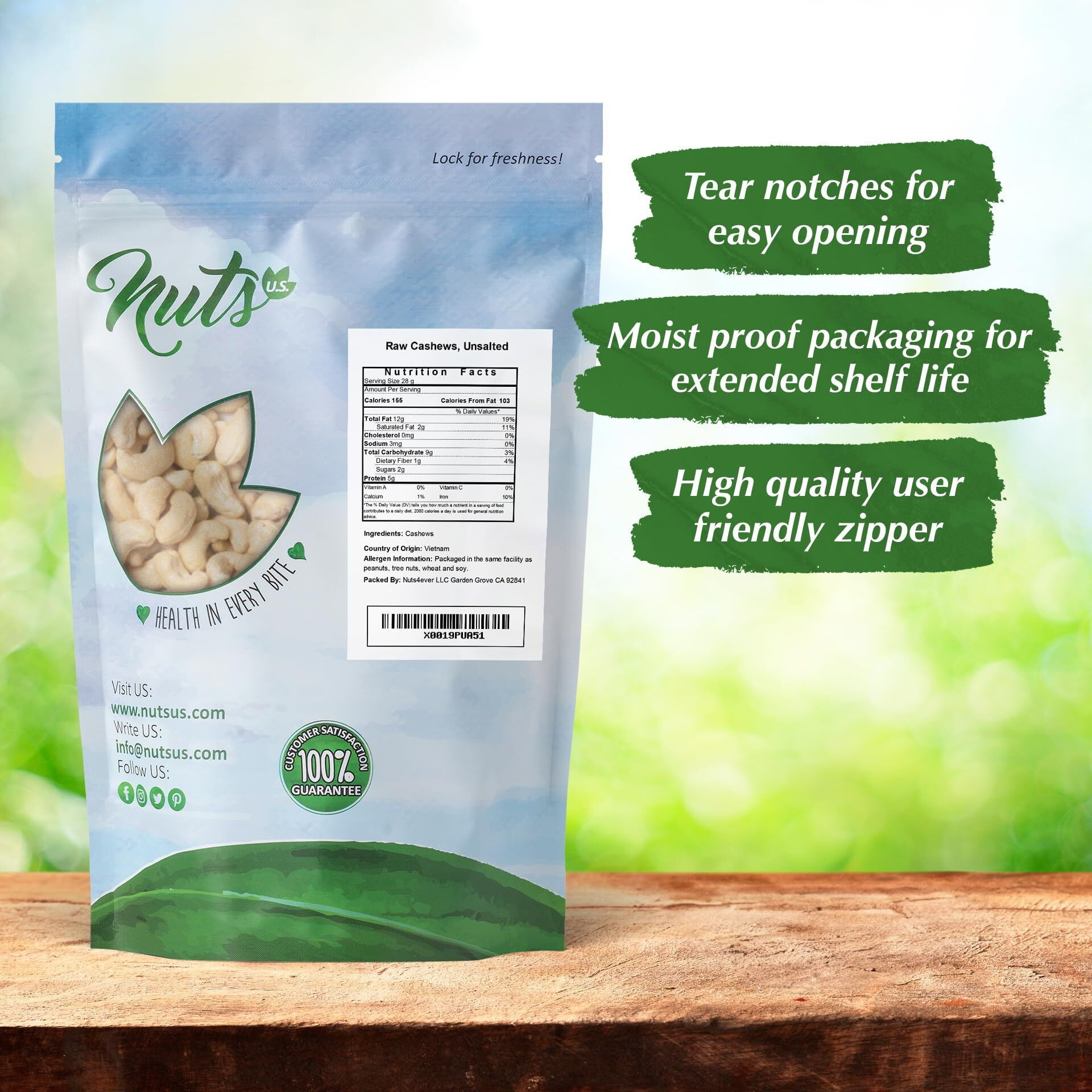 Nuts U.S. - Cashews | Raw And Unsalted | Whole Kernels And No Shell | Fresh & Unroasted | Natural Bulk Cashews  (1 Lb)