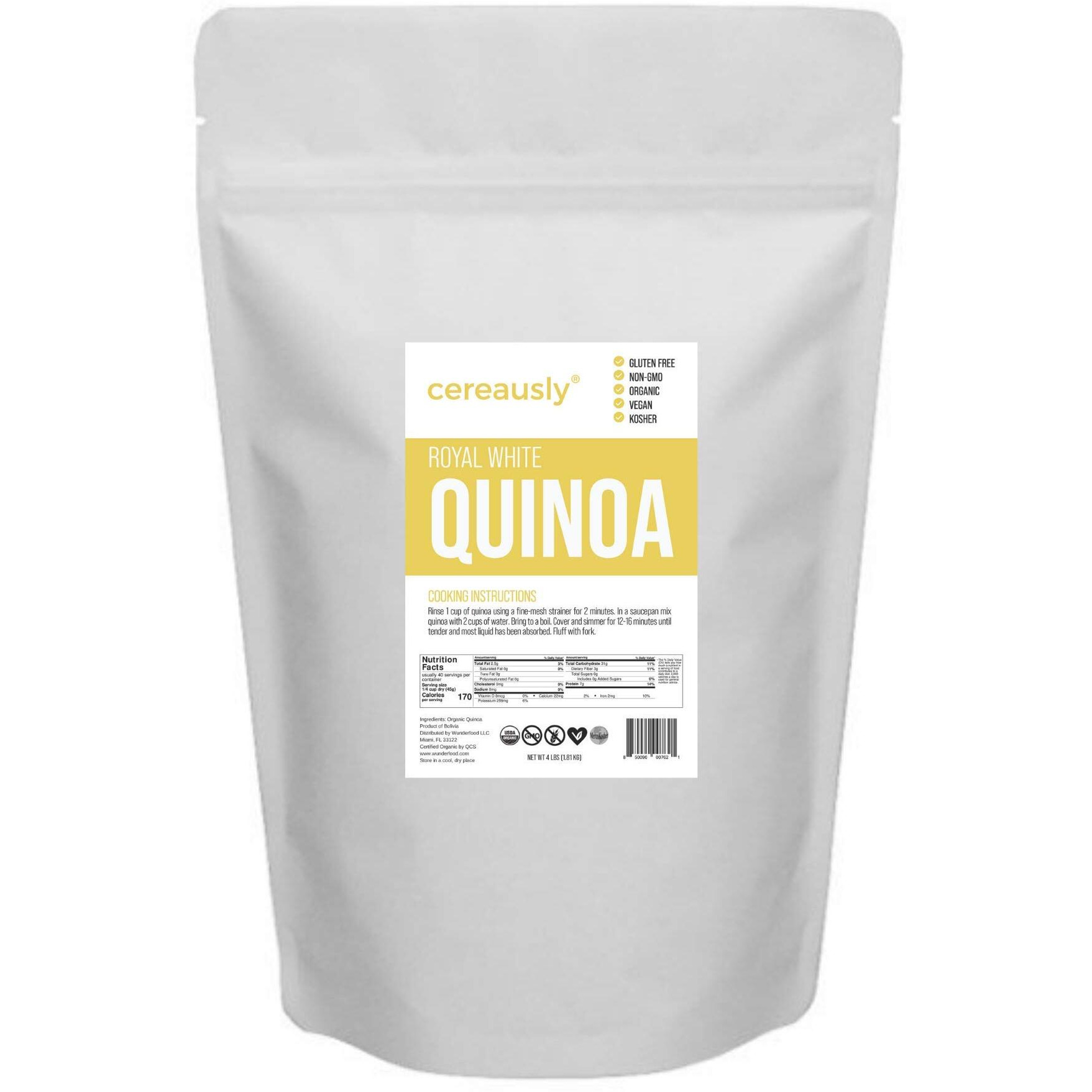 Cereausly Organic White Quinoa - Premium Royal Quinoa From Bolivia - Kosher And Non-Gmo Quinoa Bulk - Vegan And Gluten-Fee Cooking Quinoa - 4 Lb