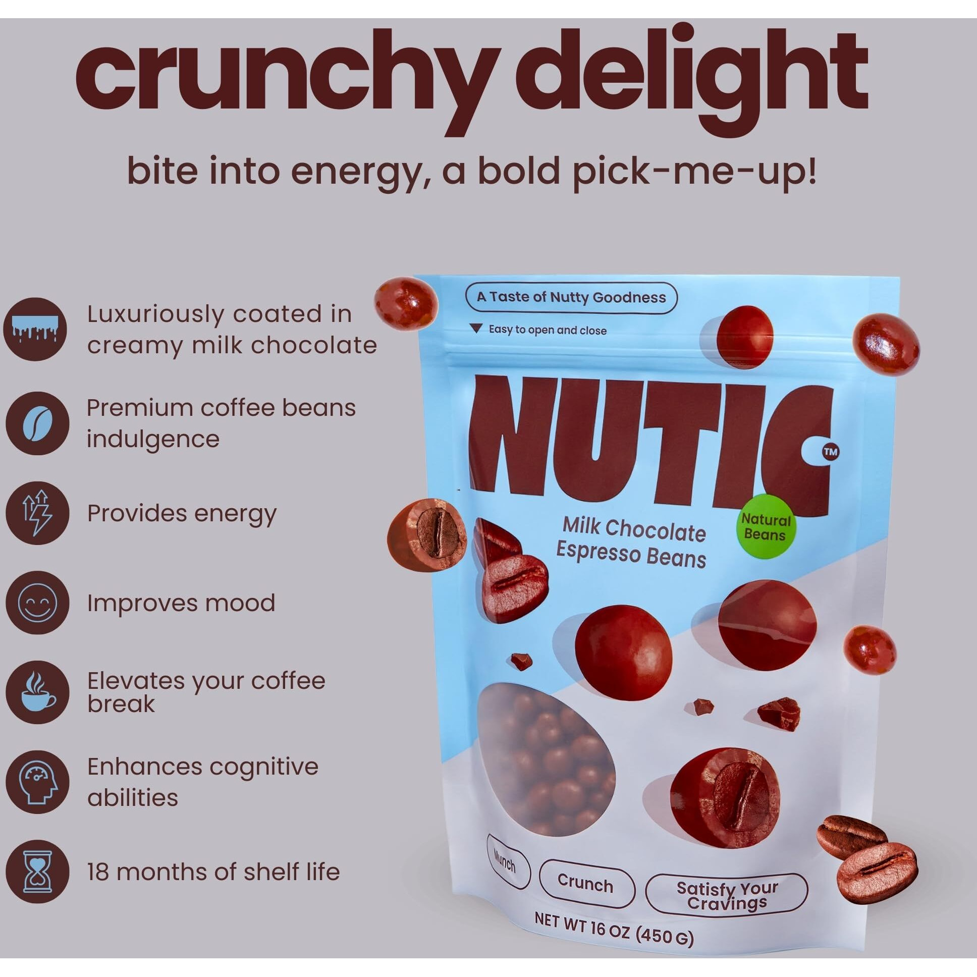 Nutic Gourmet Milk Chocolate Espresso Beans - 1Lb, Roasted Coffee Beans Covered In Milk Chocolate - Bulk Chocolate Espresso Candy (Pack Of 1)