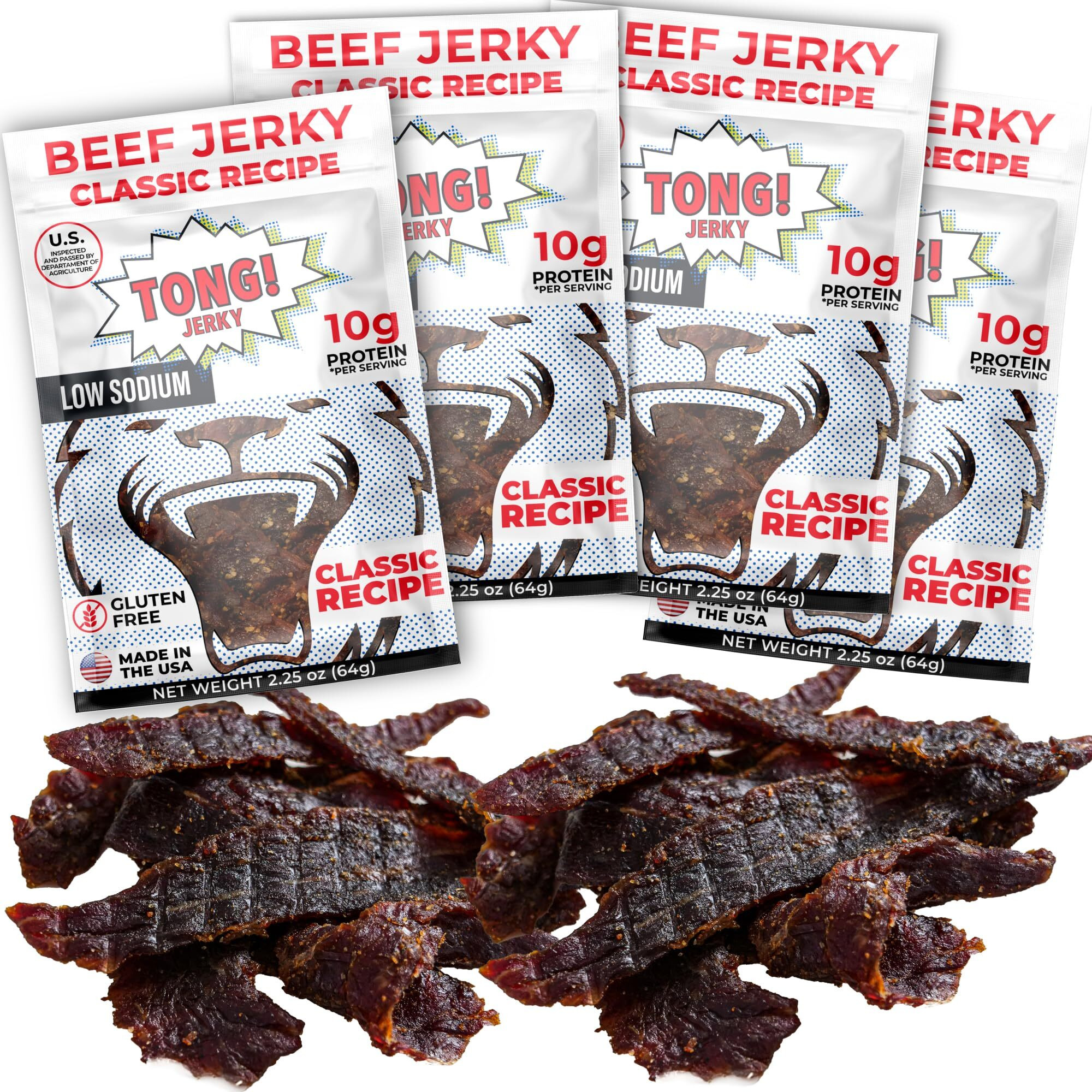 Tong Jerky Classic Flavor Beef Jerky Snacks 2.25 Oz (Pack Of 4) - Low-Sugar Jerky, Gluten-Free Beef Jerky, High Protein - People Choice Beef Jerky - Made With All-Natural Beef By Tong Jerky