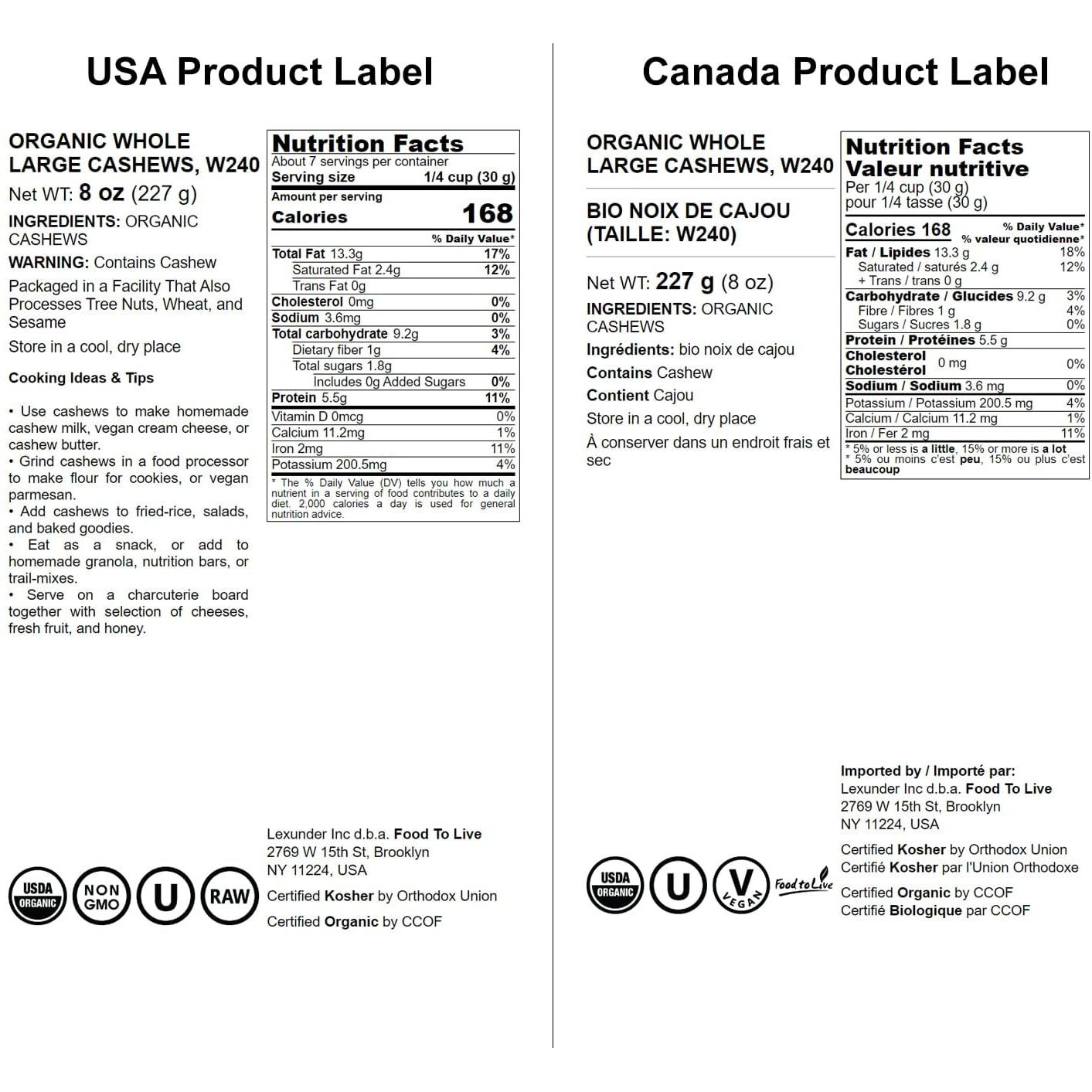 Food To Live Organic Cashews, 8 Ounces - Whole, Size W-240, Unsalted, Non-Gmo, Kosher, Raw, Vegan, Bulk