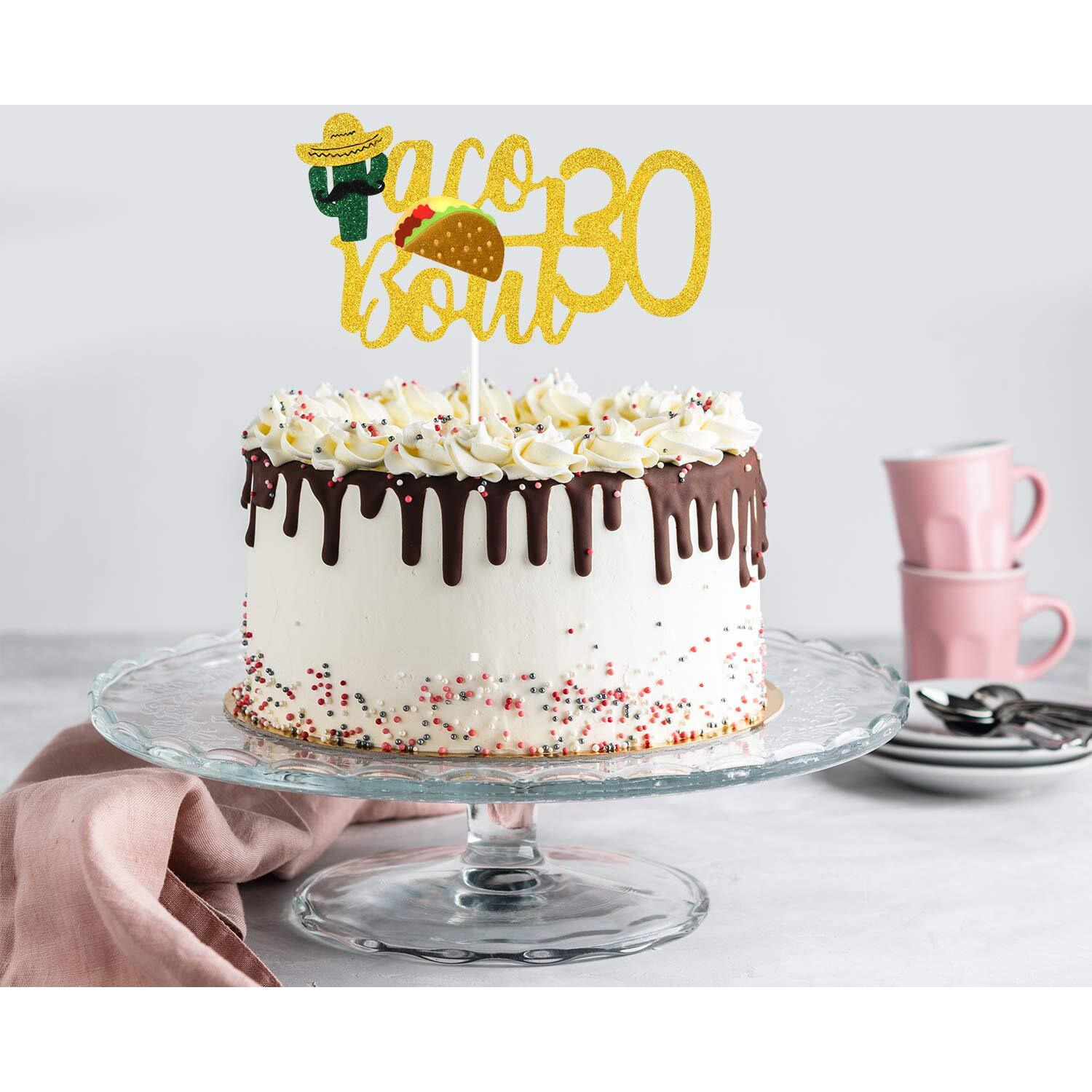 Taco Bout 30 Birthday Cake Topper - Fiesta 30Th Birthday Party Glitter Taco Cactus Cake Supplies - Fabulous Thirty - Mexican Summer Fiesta Party Decoration