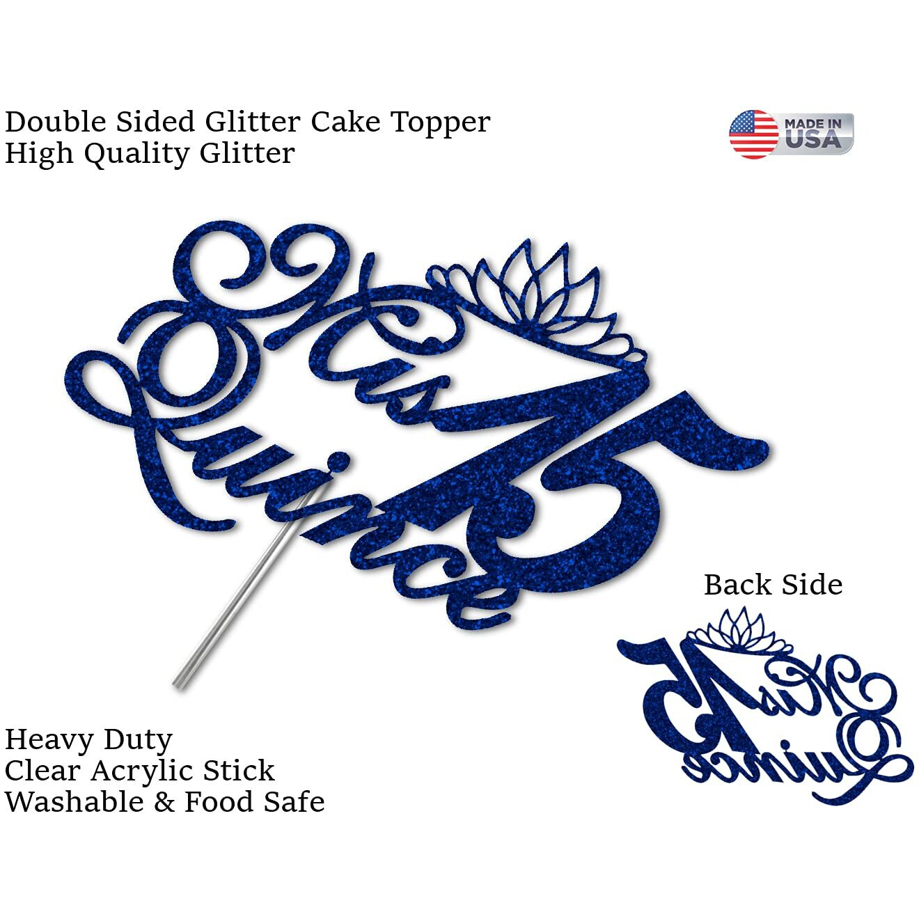 Mis Quince 15 Quinceanera Glitter Cake Topper, Fifteen Birthday Party Decorations Ideas, Premium Quality Decoration, Sturdy Doubled Sided Glitter, Acrylic Stick. Made In Usa (Blue)