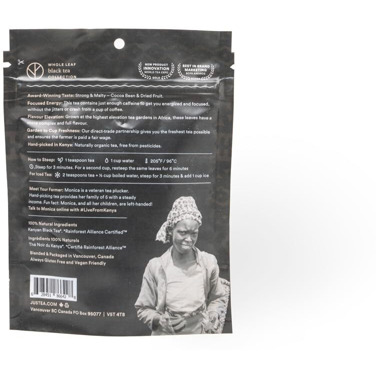 Justea Mt. Kenya Black | Loose Leaf Black Tea | Recyclable Refill Pouch | 40+ Cups (3.2Oz) | High Caffeine | Award-Winning | Fair Trade | Non-Gmo