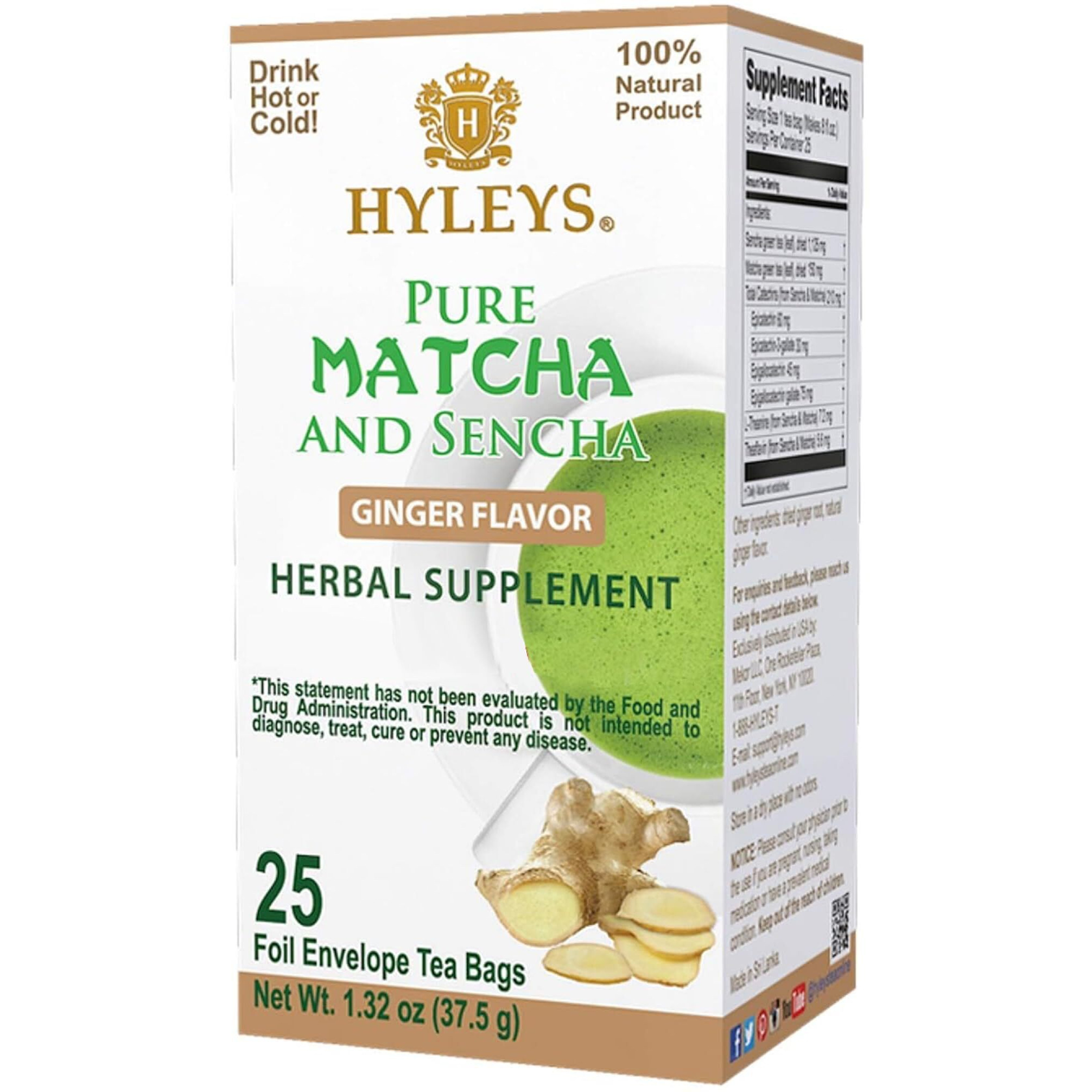 Hyleys Matcha Tea Bags With Ginger - 25 Tea Bags (Japanese Pure Matcha Wellness Green Tea)
