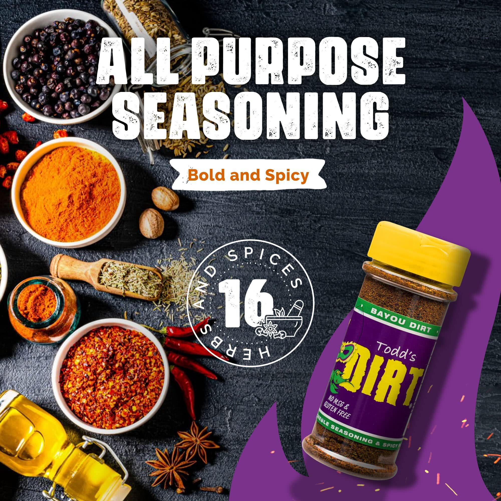 Todds Dirt - Bayou Dirt Small Bottle 3.3Oz, Cajun & Blackening Seasoning, Gourmet Spicy All Purpose Seasoning Thats Great On Everything, 100% All Natural With No Msg & Gluten-Free, 3.3Oz