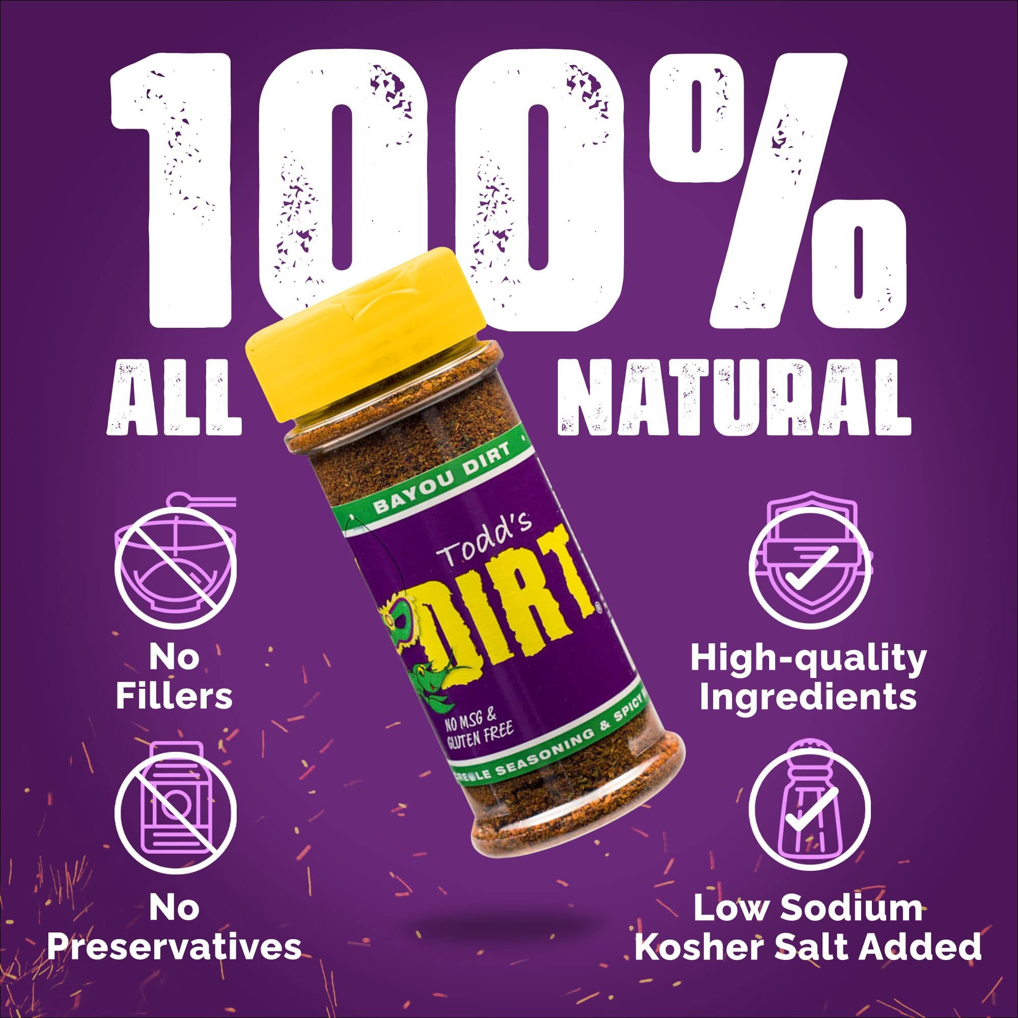 Todds Dirt - Bayou Dirt Small Bottle 3.3Oz, Cajun & Blackening Seasoning, Gourmet Spicy All Purpose Seasoning Thats Great On Everything, 100% All Natural With No Msg & Gluten-Free, 3.3Oz