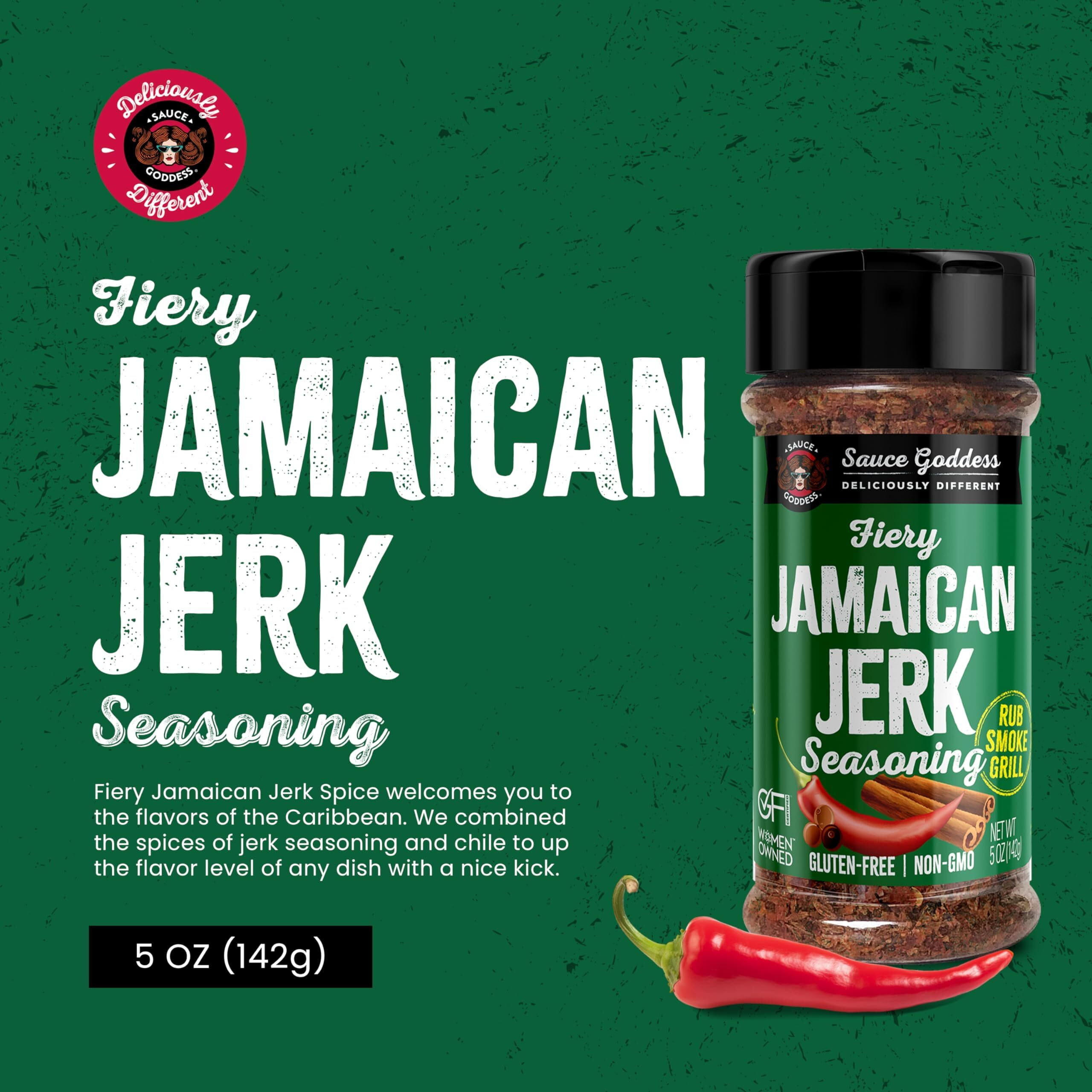 Sauce Goddess Fiery Jamaican Jerk Spice Shaker - Seasonings And Spices For Cooking With Caribbean Flavors For Chicken, Pork, Seafood & More - Low Sugar, Low Sodium, Fat-Free, Vegan Friendly - 5 Oz