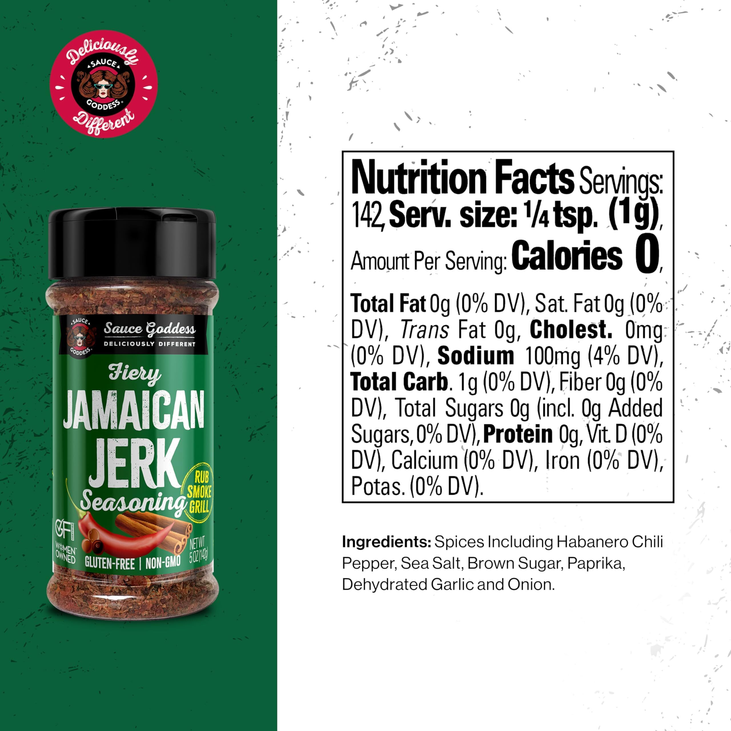 Sauce Goddess Fiery Jamaican Jerk Spice Shaker - Seasonings And Spices For Cooking With Caribbean Flavors For Chicken, Pork, Seafood & More - Low Sugar, Low Sodium, Fat-Free, Vegan Friendly - 5 Oz