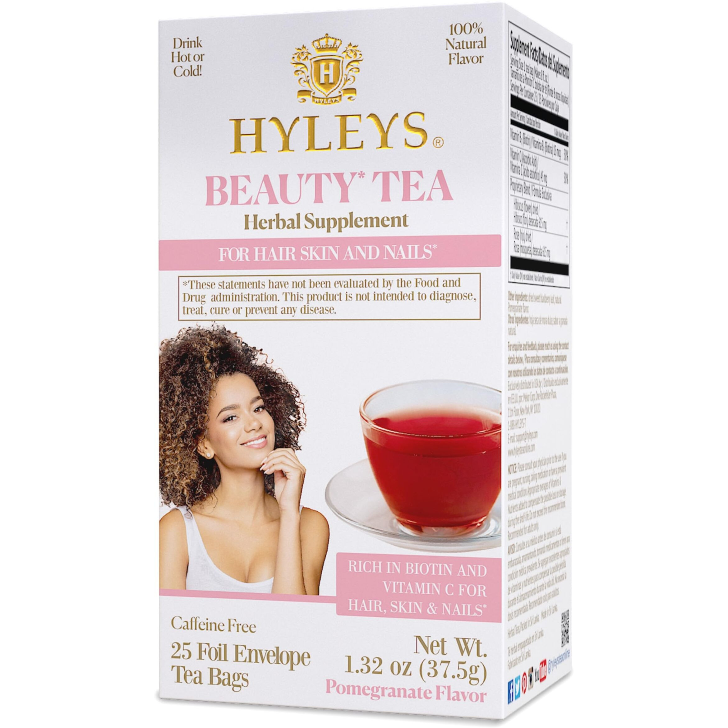 Hyleys Beauty Tea - Pomegranate Flavor - 25 Tea Bags - Rich In Biotin And Vitamin C - Healthy Skin And Nails