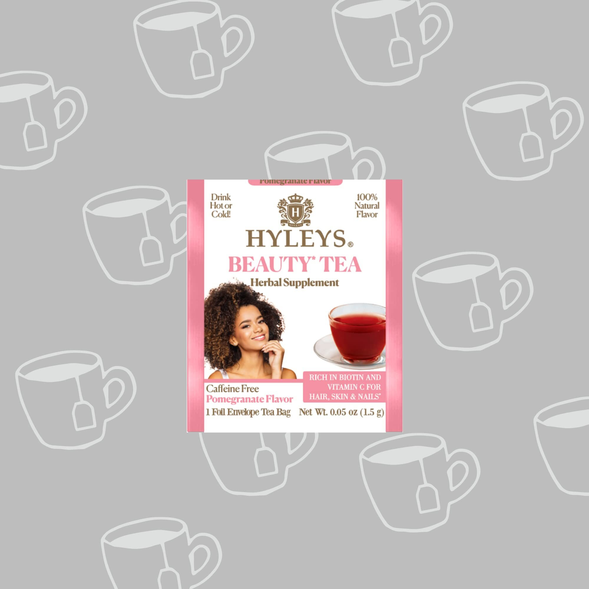 Hyleys Beauty Tea - Pomegranate Flavor - 25 Tea Bags - Rich In Biotin And Vitamin C - Healthy Skin And Nails