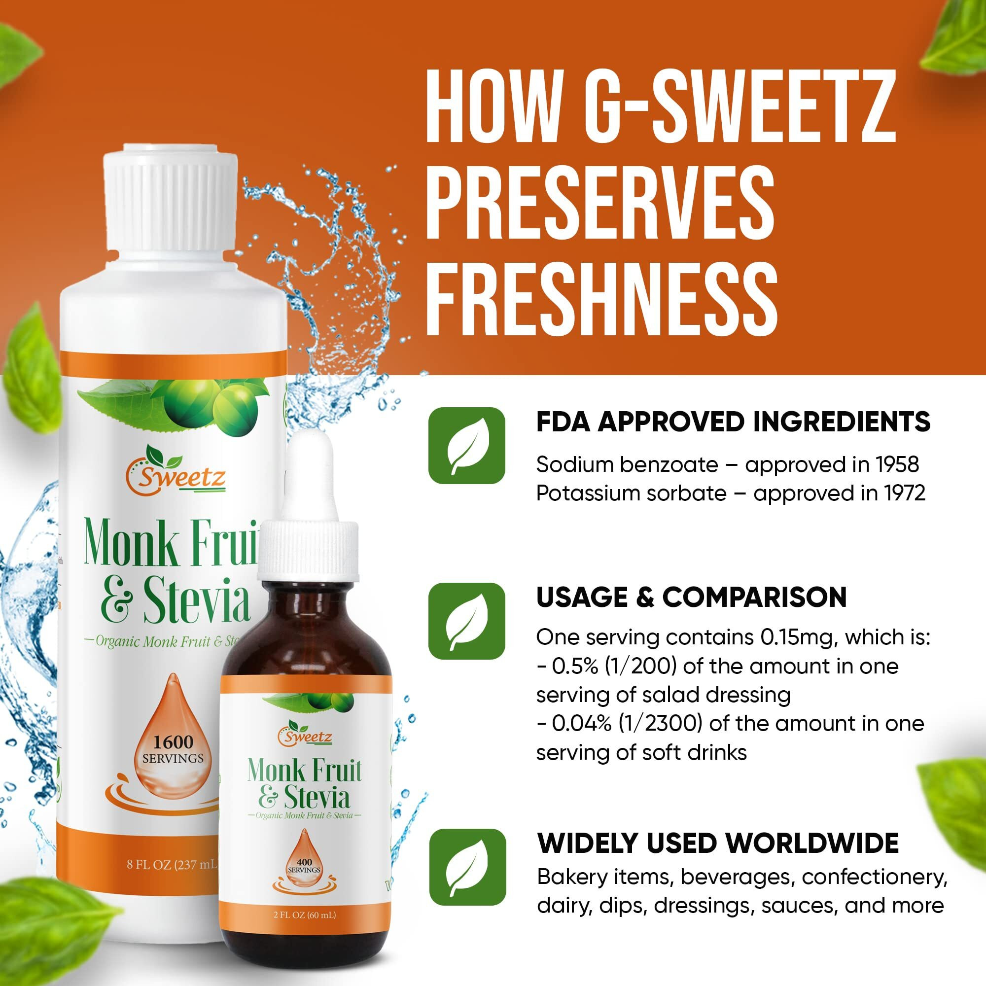 G-Sweetz Monk Fruit & Stevia Liquid Sweetener Drops - Natural Sweeteners & Sugar Alternatives - Delicious Blend With No Bitter Aftertaste - Concentrated Sweetener Liquid Drops Extract - 2 Fl Oz (400 Servings)